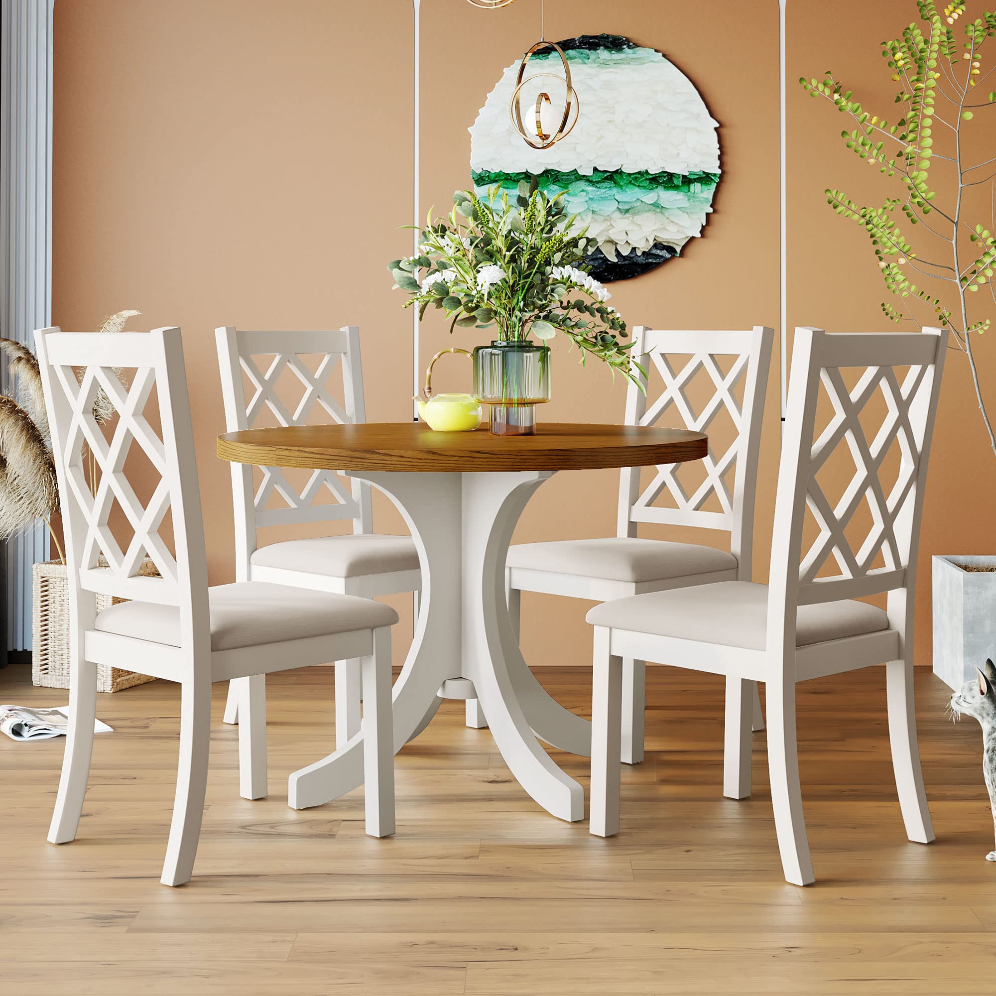 5-Piece Modern Farmhouse Dining Set with Round Acacia Wood Table & 4 Cross Back Chairs - Rustic Kitchen Table with Splayed Legs for Family Meals, Dinner Parties & Small Space Dining Rooms
