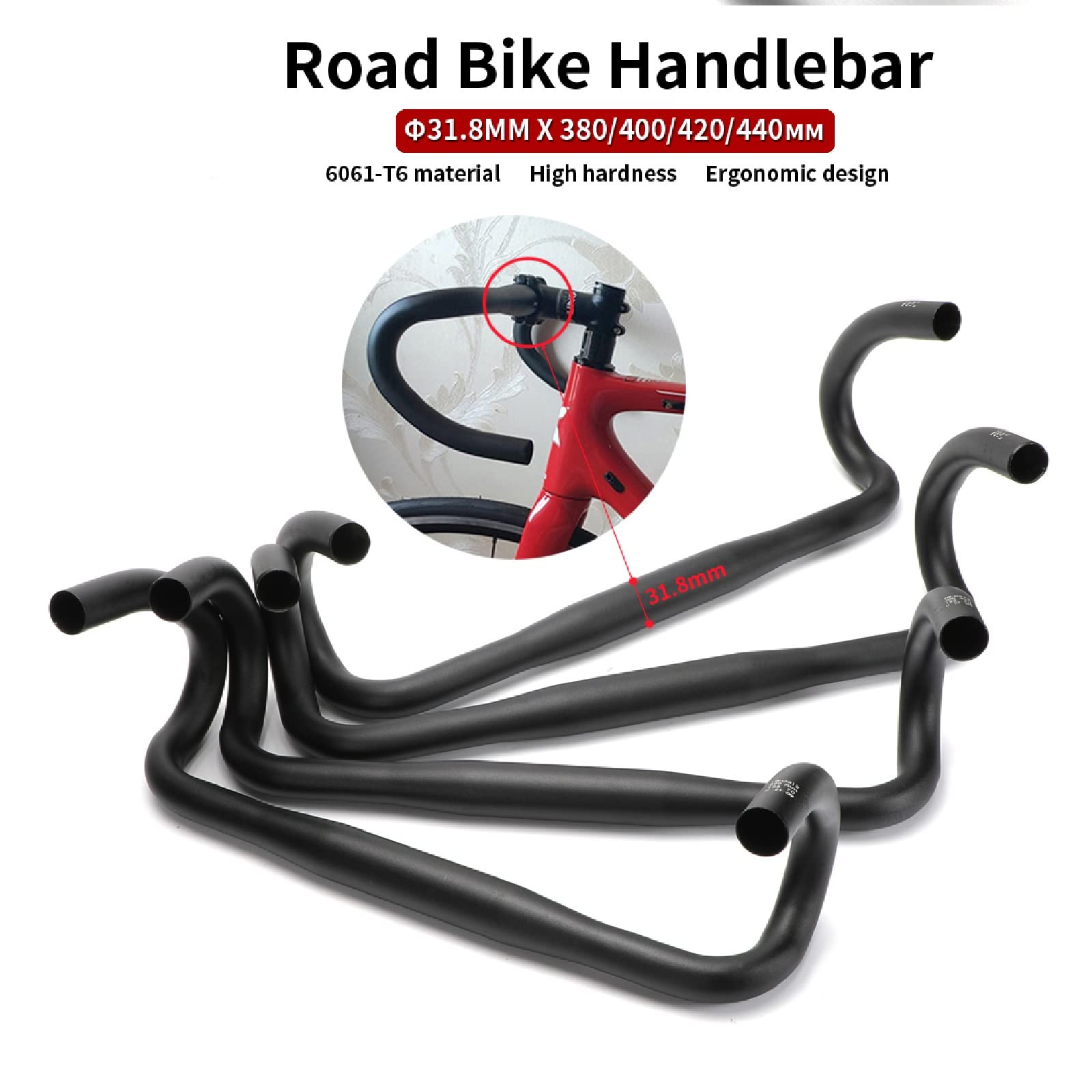 Lightweight Aluminum Road Bike Drop Handlebar - 25.4mm/31.8mm Clamp Size - 380/400/420/440mm Width Options - Perfect for Racing & Endurance Cycling (31.8x420mm Black) - Ideal for Road Bikes, Commuting & Long-Distance Riding