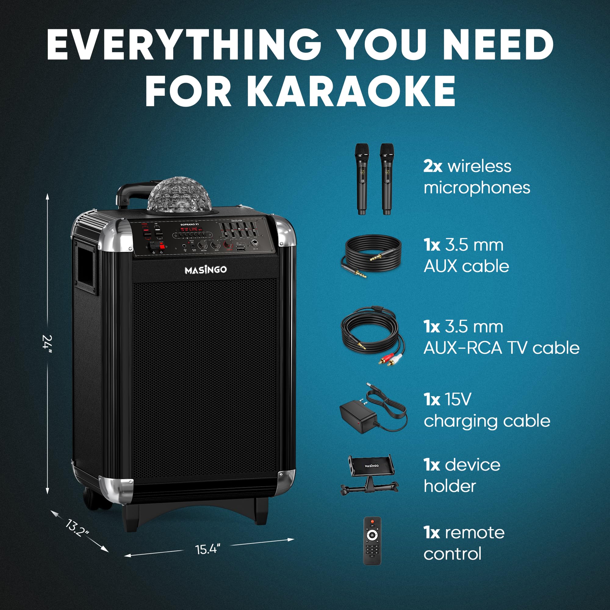 MASINGO Karaoke Machine with 2 Wireless Microphones - Portable Bluetooth PA Speaker System for Adults & Kids, Features Disco Ball Lights, Lyrics Display, Tablet Holder & TV Cable (Soprano X1 2.0) - Perfect for Home Parties, Birthday Celebrations and Family Gatherings