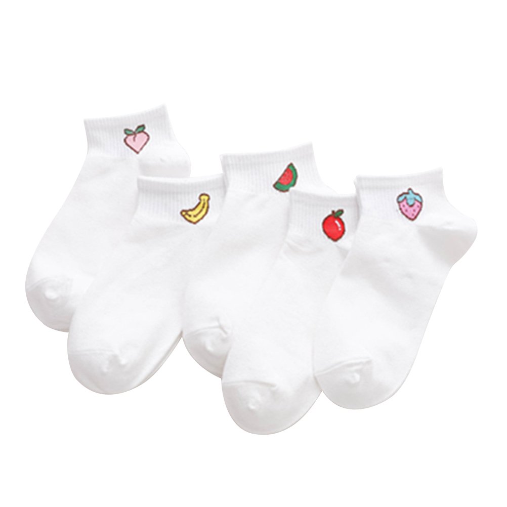 OULII 5 Pairs Cotton White Socks - Cute Fruit Ankle Socks for Women & Girls | Breathable Comfort Socks for Daily Wear, Gym, School & Casual Outfits