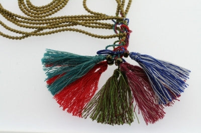 5 Strand Brass Bead & Tassel Necklace for Women - Boho Chic Layered Statement Jewelry - Perfect for Festivals, Parties and Everyday Wear