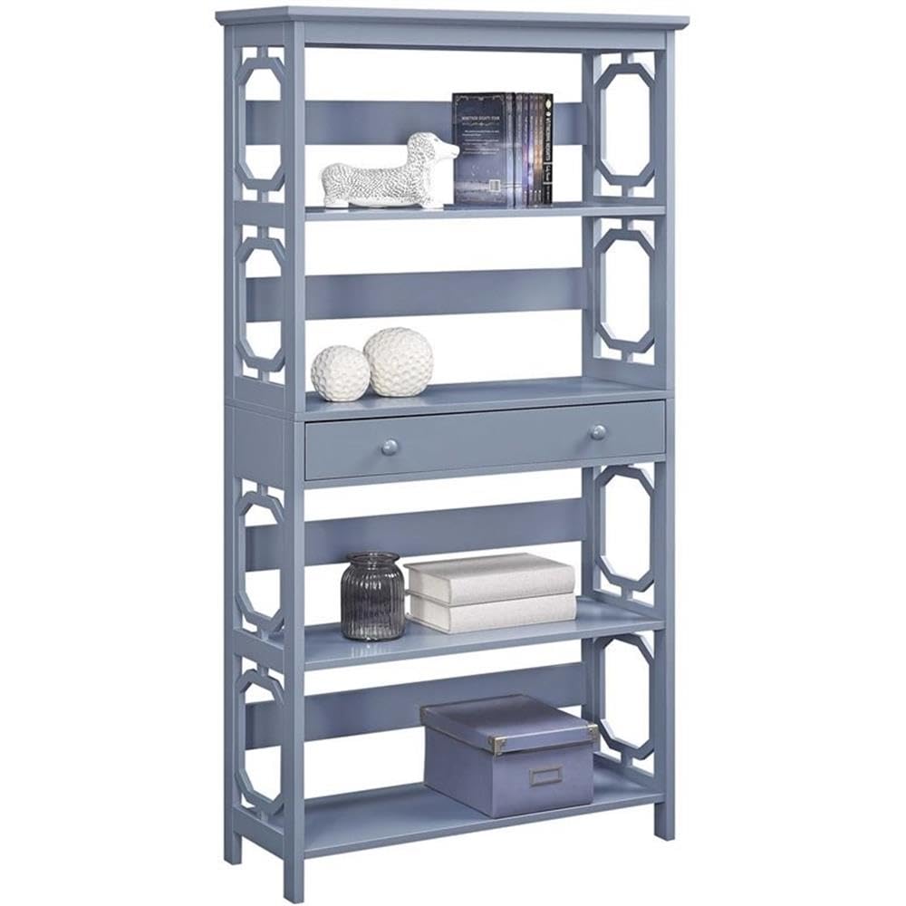 Convenience Concepts Omega 5-Tier Bookcase with Storage Drawer in Gray - Perfect for Living Room, Bedroom, or Office Organization
