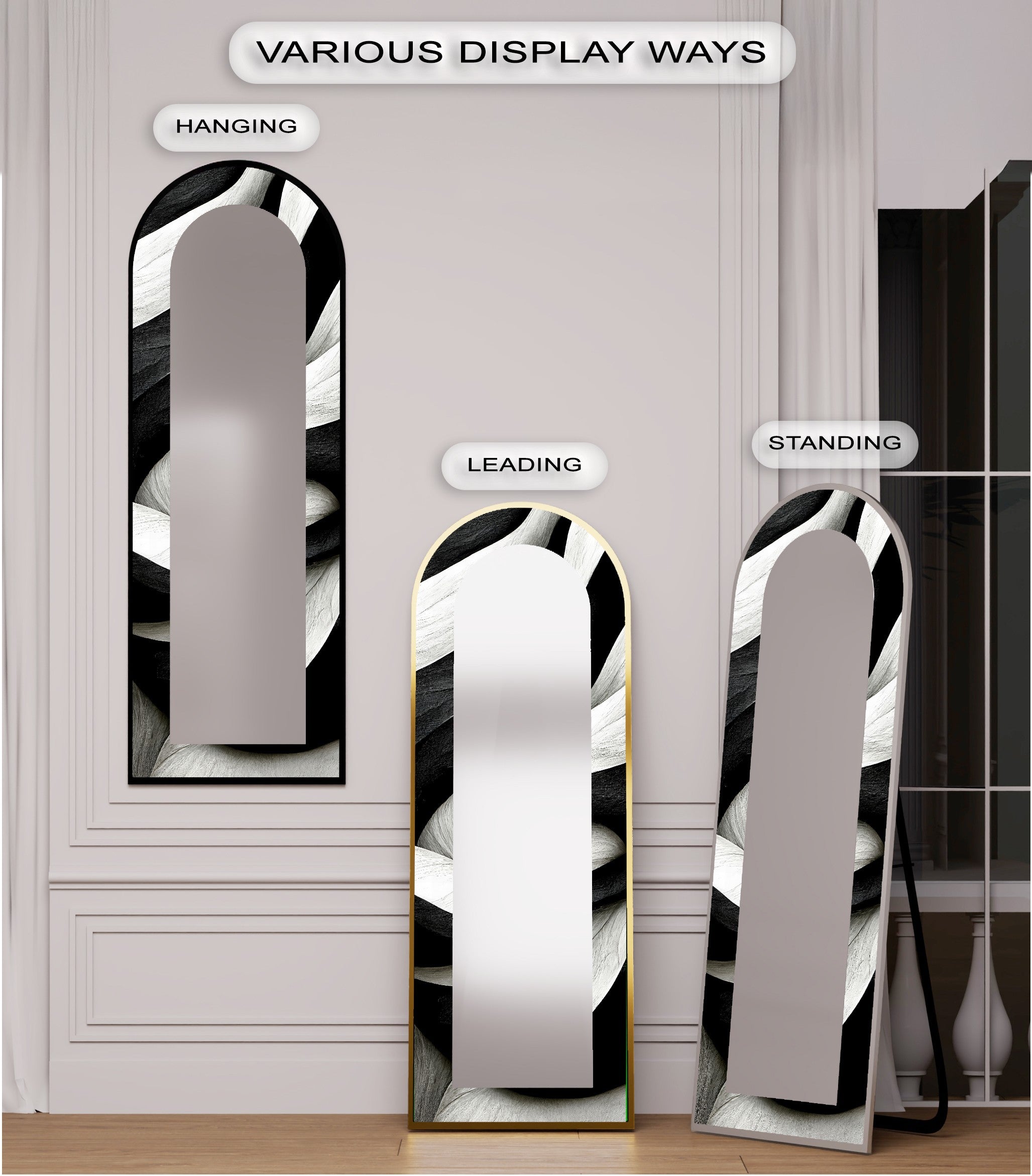 Black and White Wave Full Length Floor Mirror - Stylish Modern Decor for Bedroom, Living Room & Entryway