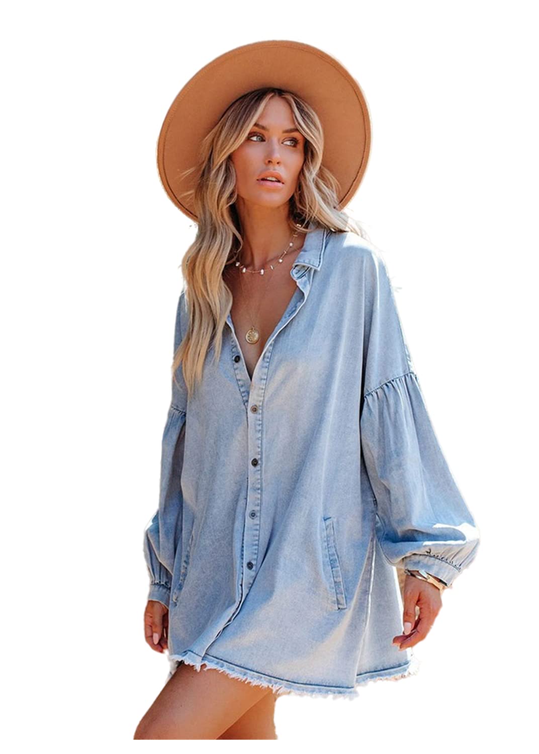 Meufam Women's Casual Long Sleeve Denim Shirt Dress - Distressed Frayed Jean Coat Button Down Babydoll Tunic Top for Everyday Wear, Date Night & Spring Outfits
