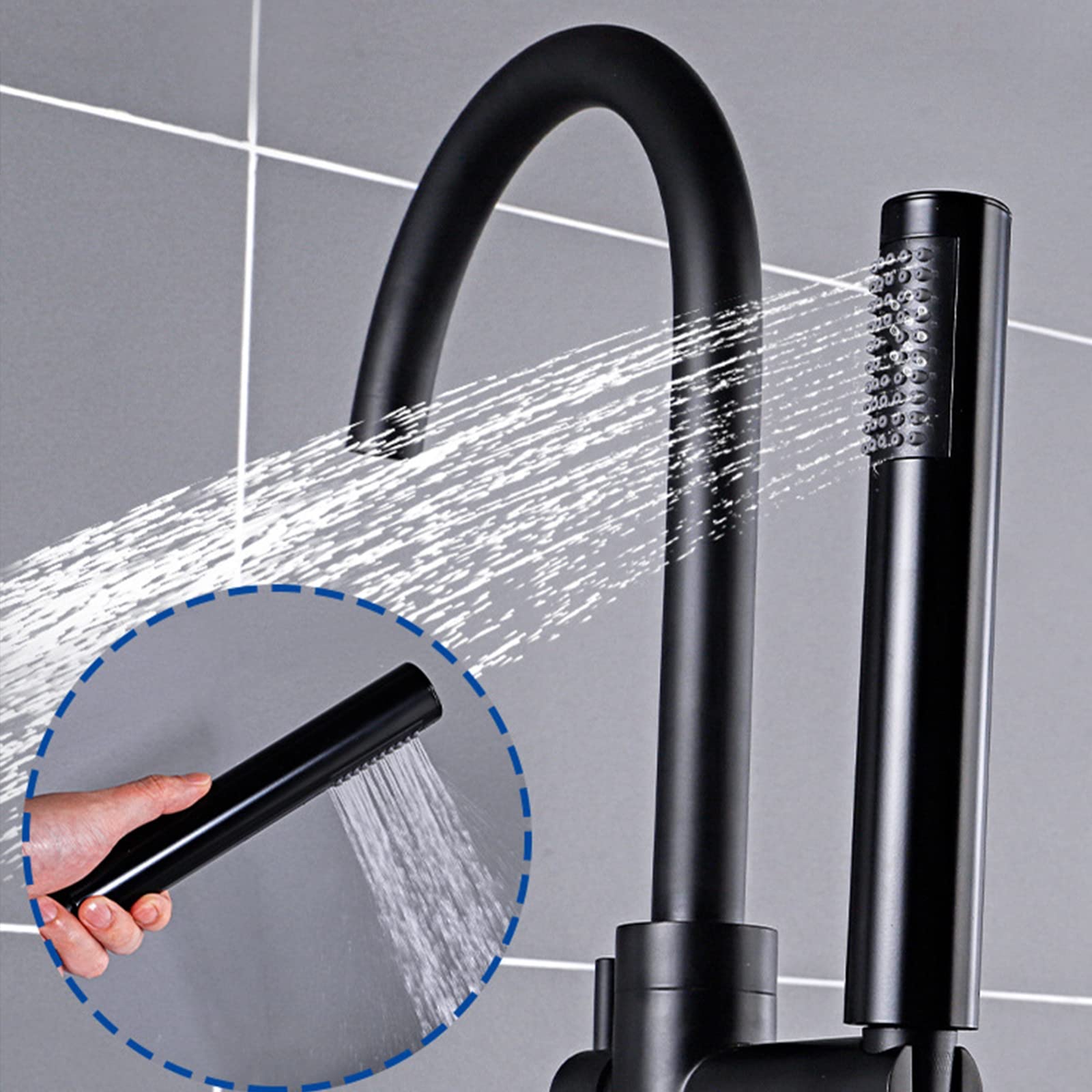 Freestanding Bathtub Faucet with Hand Shower - Brass Floor Standing Tub Filler, Double Handle Hot & Cold Water Mixer Tap, Swivel Spout, Gold Finish - Perfect for Modern Bathroom & Spa Relaxation