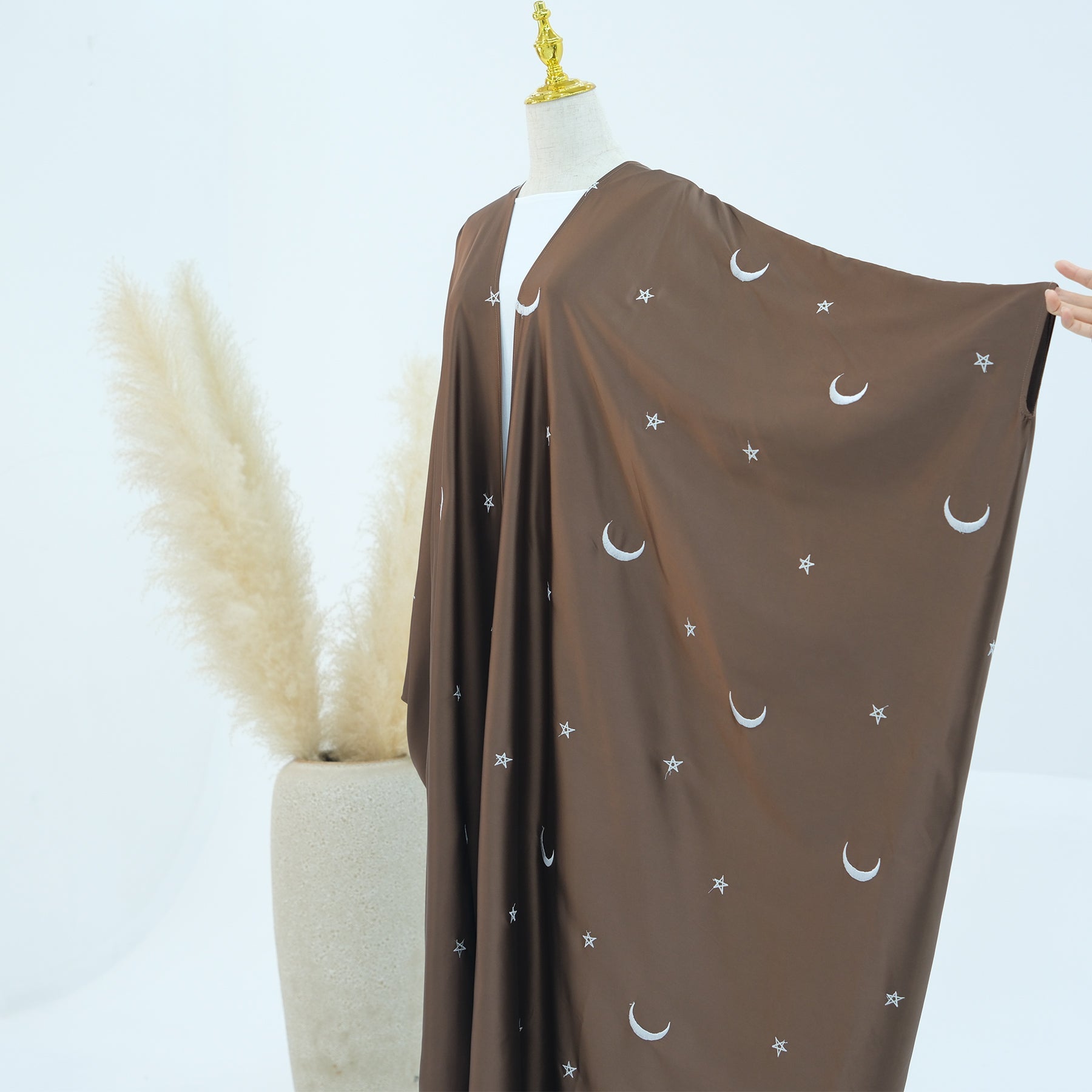 Elegant Hannah Moon Star Open Abaya in Brown - Modest Islamic Prayer Dress for Women - Perfect for Daily Wear, Mosque Visits & Special Occasions