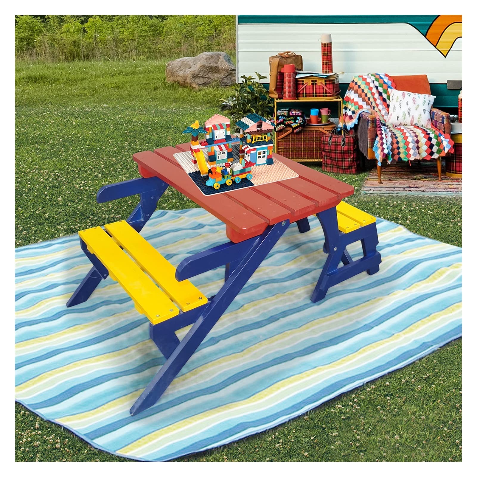 WHNB Kids Multi-Functional Table and 2 Chairs Set - All-in-One Play, Study, and Activity Center for Children's Bedroom, Living Room, Game Room & Outdoor Camping | Perfect for Snack Time, Puzzle Games, Reading Books, and Creative Play
