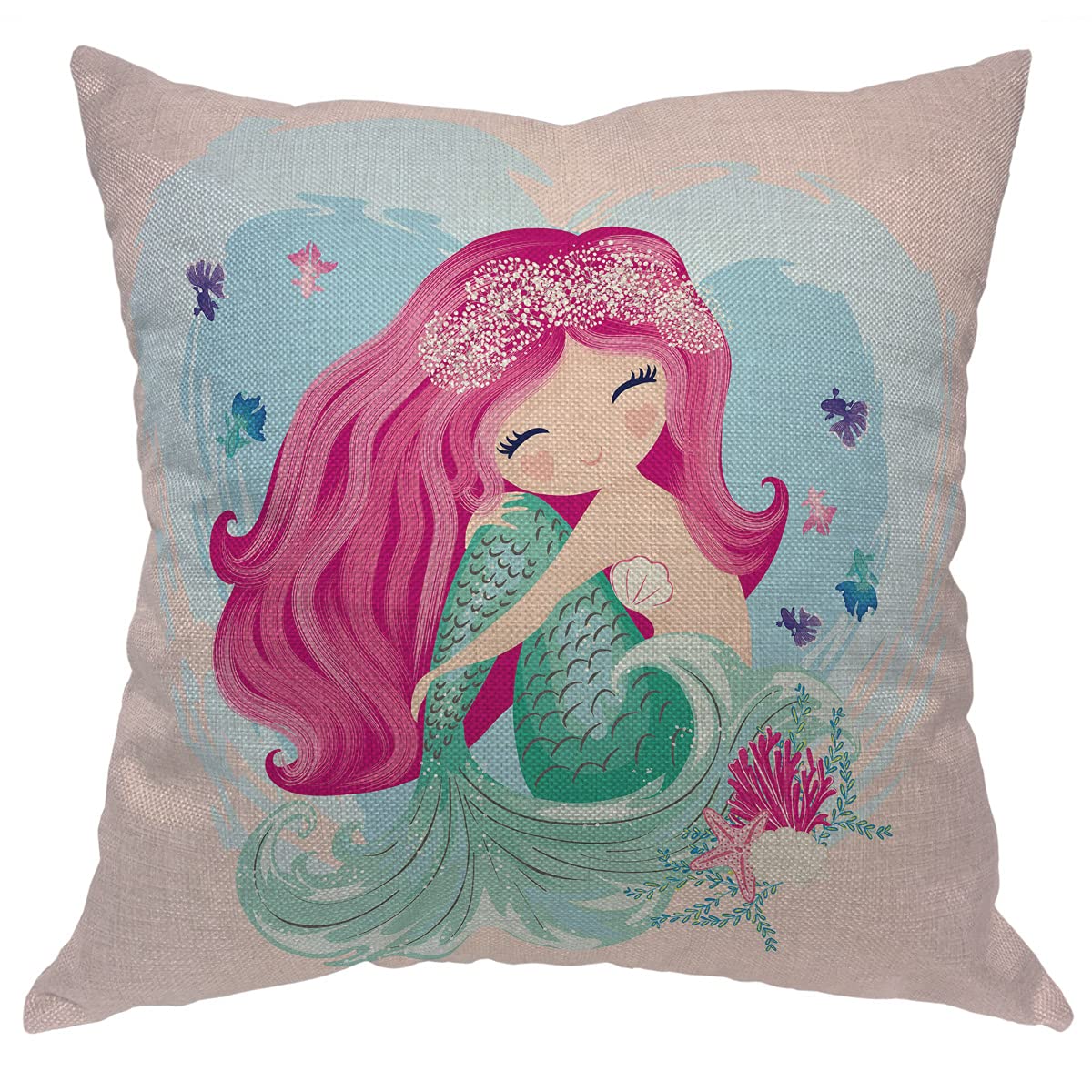 Mermaid Throw Pillow Covers 18x18 Inch - Fantasy Fish Girl & Seashell Design Decorative Cushion Case for Sofa, Bed, Couch - Perfect for Kids Room, Nursery, Beach House Decor