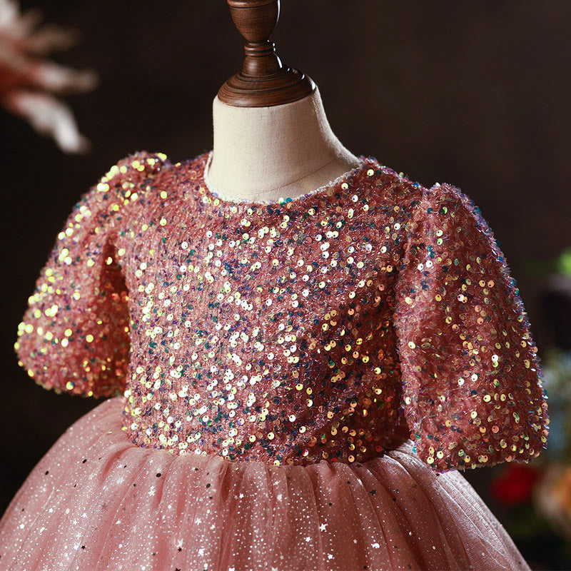 Pink Princess Tulle Flower Girl Dress with Sparkling Sequins & Puffy Sleeves | Elegant First Communion, Wedding Party, Pageant & Special Occasion Outfit for Girls
