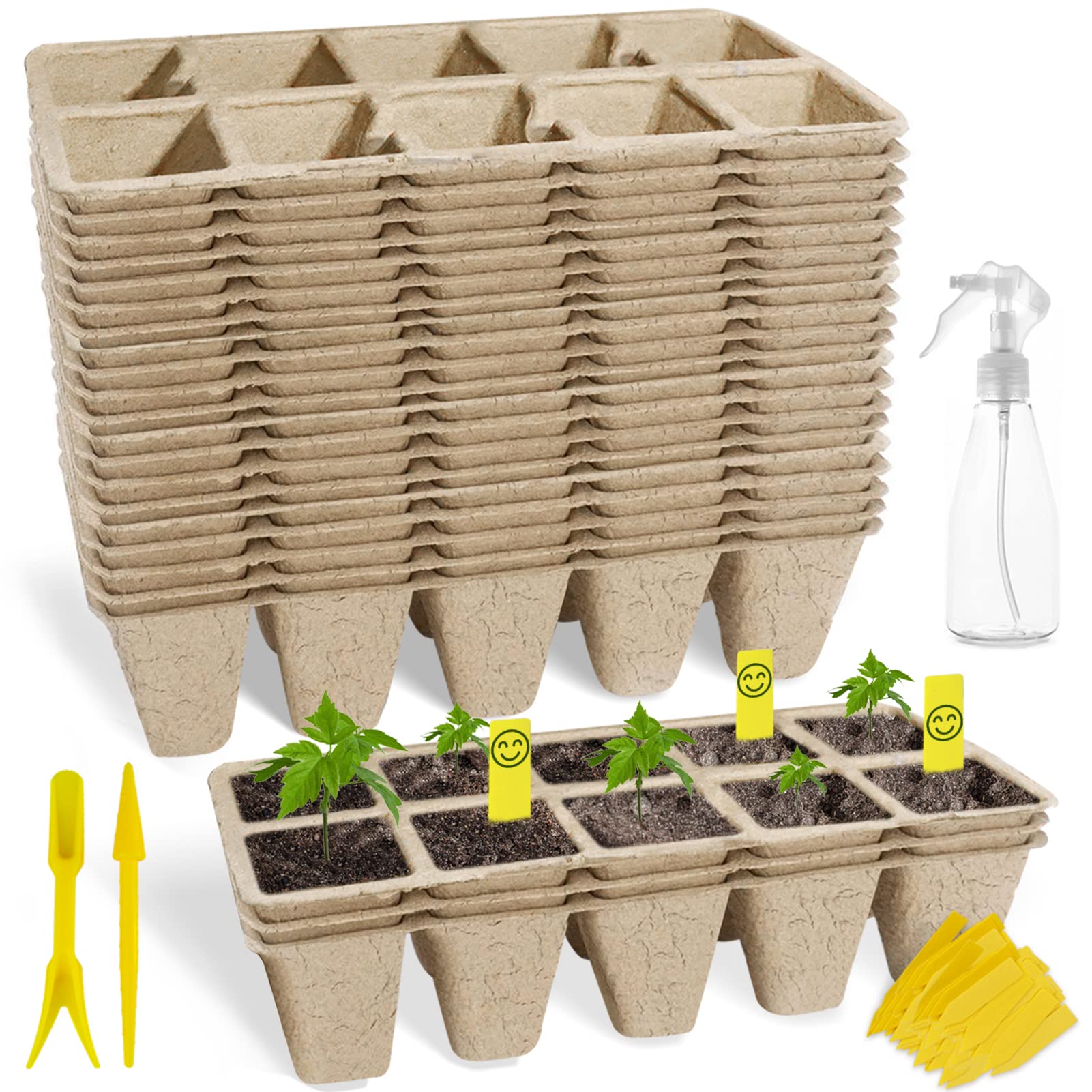 SYITCUN 200 Cells Seed Starter Trays - 20 Pack Biodegradable Peat Pots for Seedlings with 100 Plant Labels,1 Seeding Riser & Spray Bottle - Indoor Gardening Kit for Herbs,Vegetables & Flowers - Perfect for Home Gardeners & Hydroponic Growing