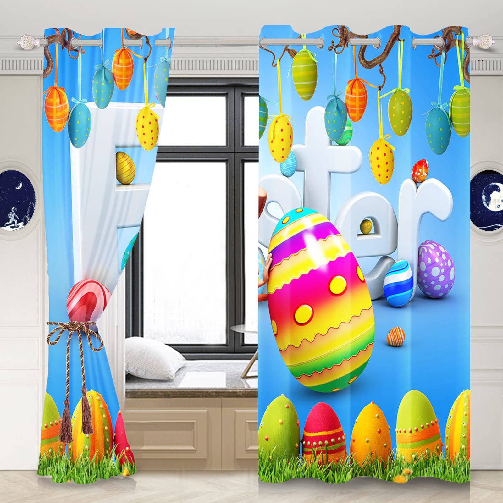 Easter Curtains Set of 2 Panels - 42x63 Inch Blackout Drapes with Cartoon Bunny & Colorful Eggs Design for Bedroom & Living Room | Perfect for Easter Decor, Spring Home Decor, and Light Blocking Window Treatments
