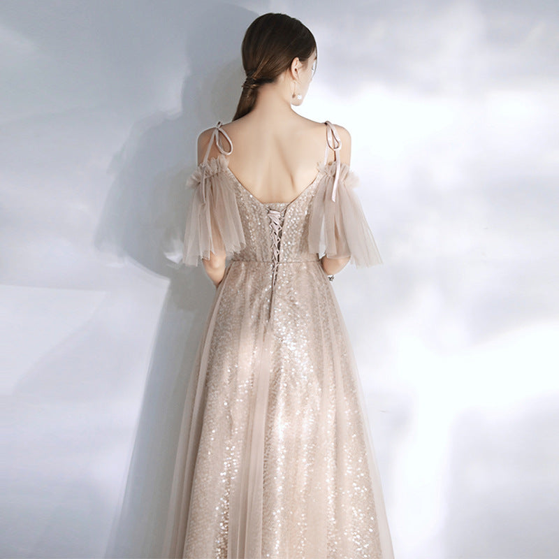 Elegant Off Shoulder Champagne Prom Dress - Shiny Formal Evening Gown for Homecoming, Wedding, Party & Special Occasions
