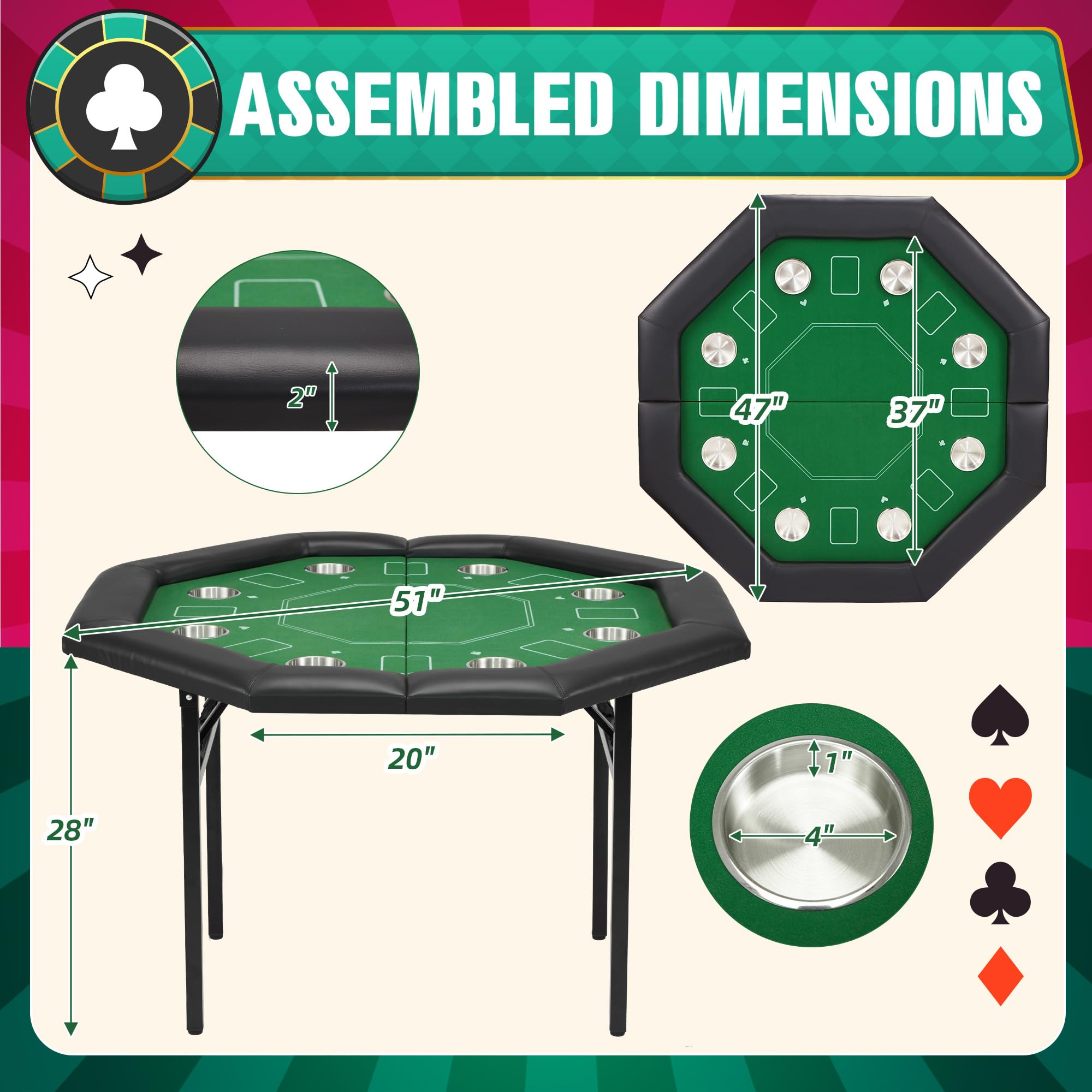 ECOTOUGE 8-Player Foldable Poker Table with Padded Rails & Stainless Steel Cup Holders - Octagon Texas Holdem Blackjack Casino Game Table for Home, Parties & Game Nights - Easy Assembly & Portable Design