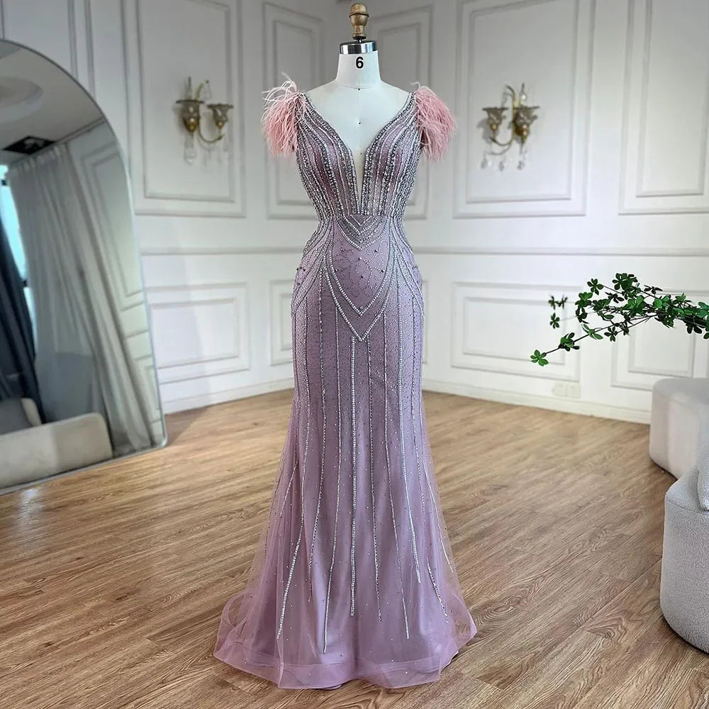 Luxury Dubai Blue Mermaid Evening Dress with Pearls & Feathers - Elegant Beaded Gown for Women's Wedding, Prom, Party & Special Occasions | LA72578