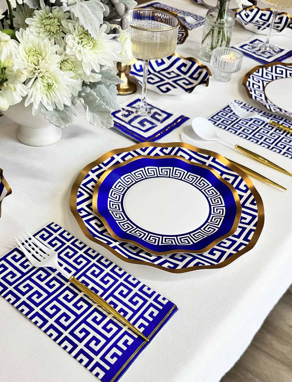 Greek Key Pattern Table Setting - Elegant Dinnerware Set for Formal Dining, Holiday Entertaining & Wedding Decor