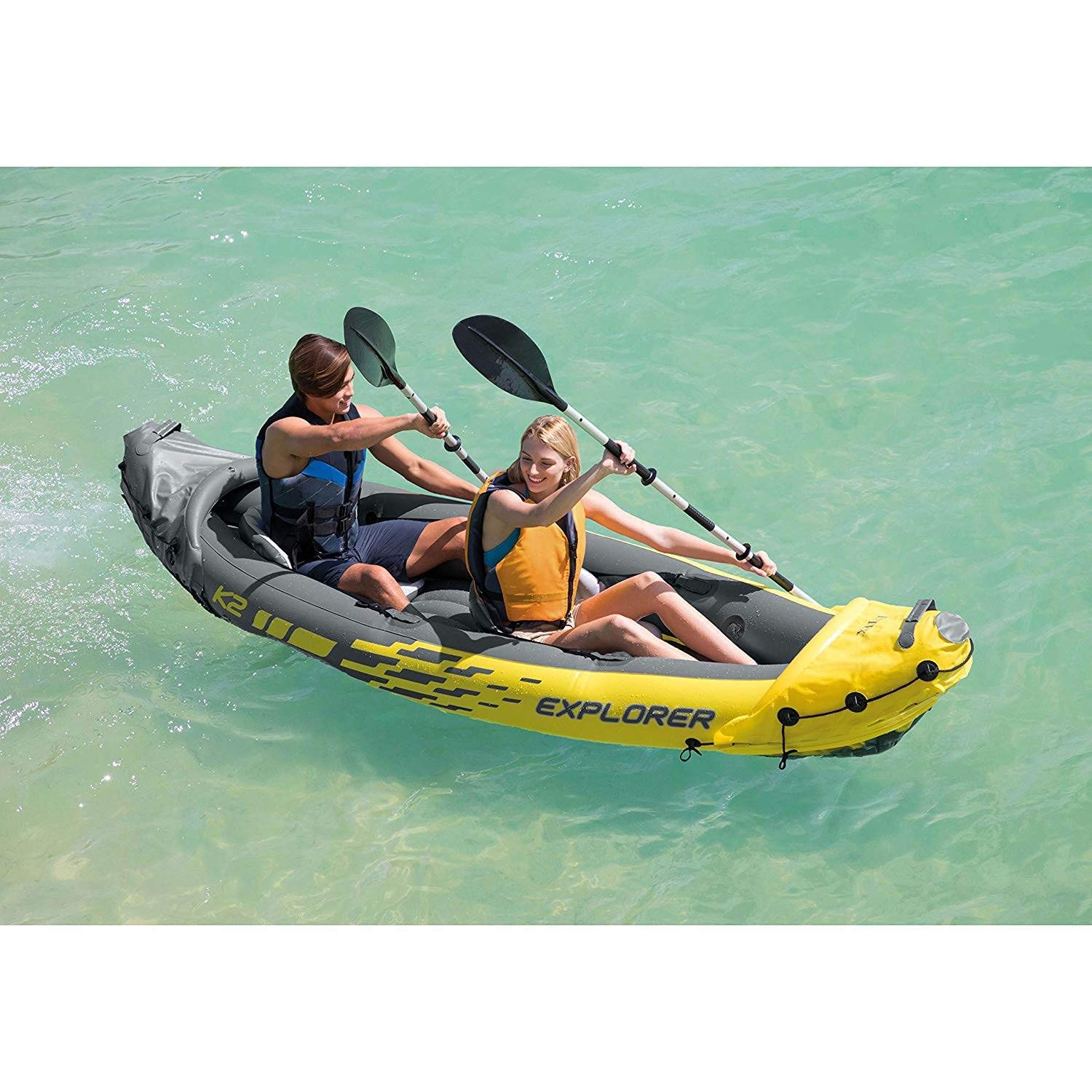 Intex Explorer K2 2-Person Inflatable Kayak with Aluminum Oars & Pump - Intex Challenger K1 1-Person Inflatable Kayak with Oar & Hand Pump - Portable Kayaks for Lakes, Rivers & Recreational Water Sports