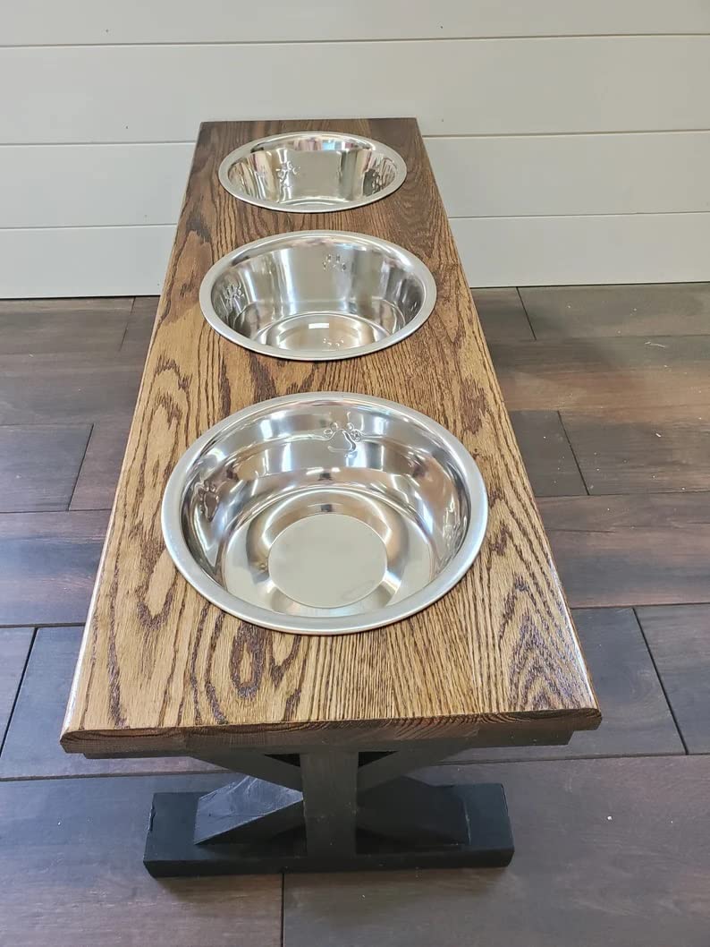 Elevated Dog Bowl Stand with 3 Bowls - Large Oak Raised Feeder for Big Dogs - Perfect for Dining Areas, Kitchens & Outdoor Use