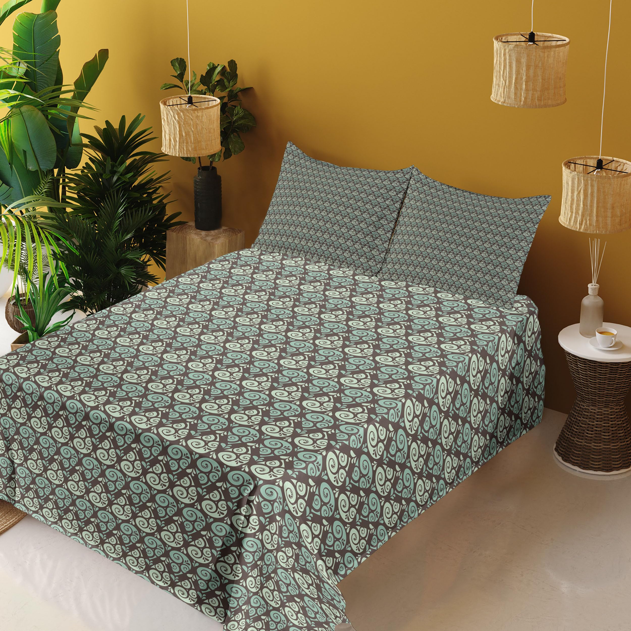 Ambesonne Abstract Raindrop Pattern Bed Sheet Set - 4 Piece Full Size with Fitted Sheet, Flat Sheet & Pillowcases - Mint Green Seafoam Brown Swirl Design - Soft Weather-Themed Bedding for Modern Bedrooms & Guest Rooms