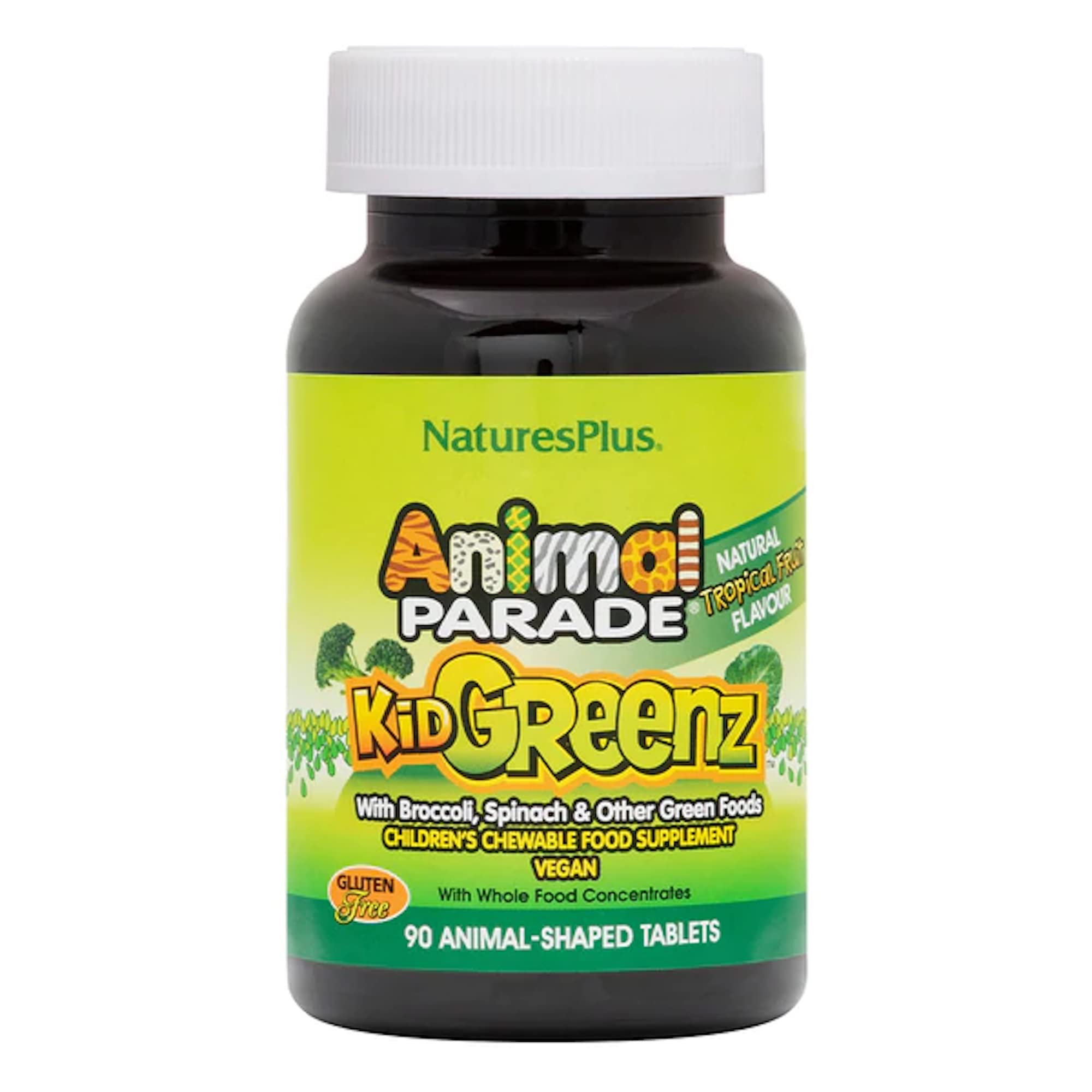 Nature's Plus Animal Parade KidGreenz Children's Chewable Multivitamin - Tropical Fruit Flavor, 90 Vegetarian & Gluten-Free Animal Shaped Tablets - Immune Support & Daily Nutrition for Kids - Perfect for School Lunchboxes & Travel Snacks