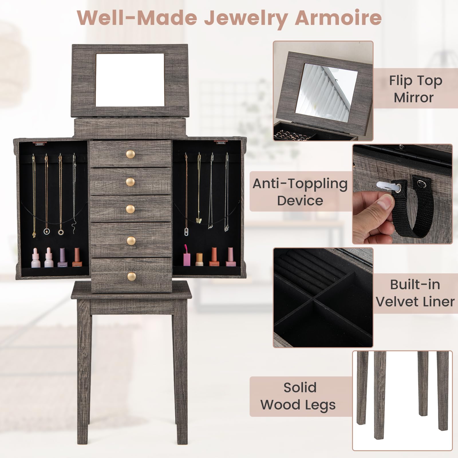 Giantex Wooden Jewelry Storage Cabinet with 5 Drawers & 8 Necklace Hooks - Standing Jewelry Armoire with Flip Mirror, 4 Compartments & 2 Side Doors - Antique Washed Gray Finish - Perfect for Bedroom, Closet & Dressing Room Organization
