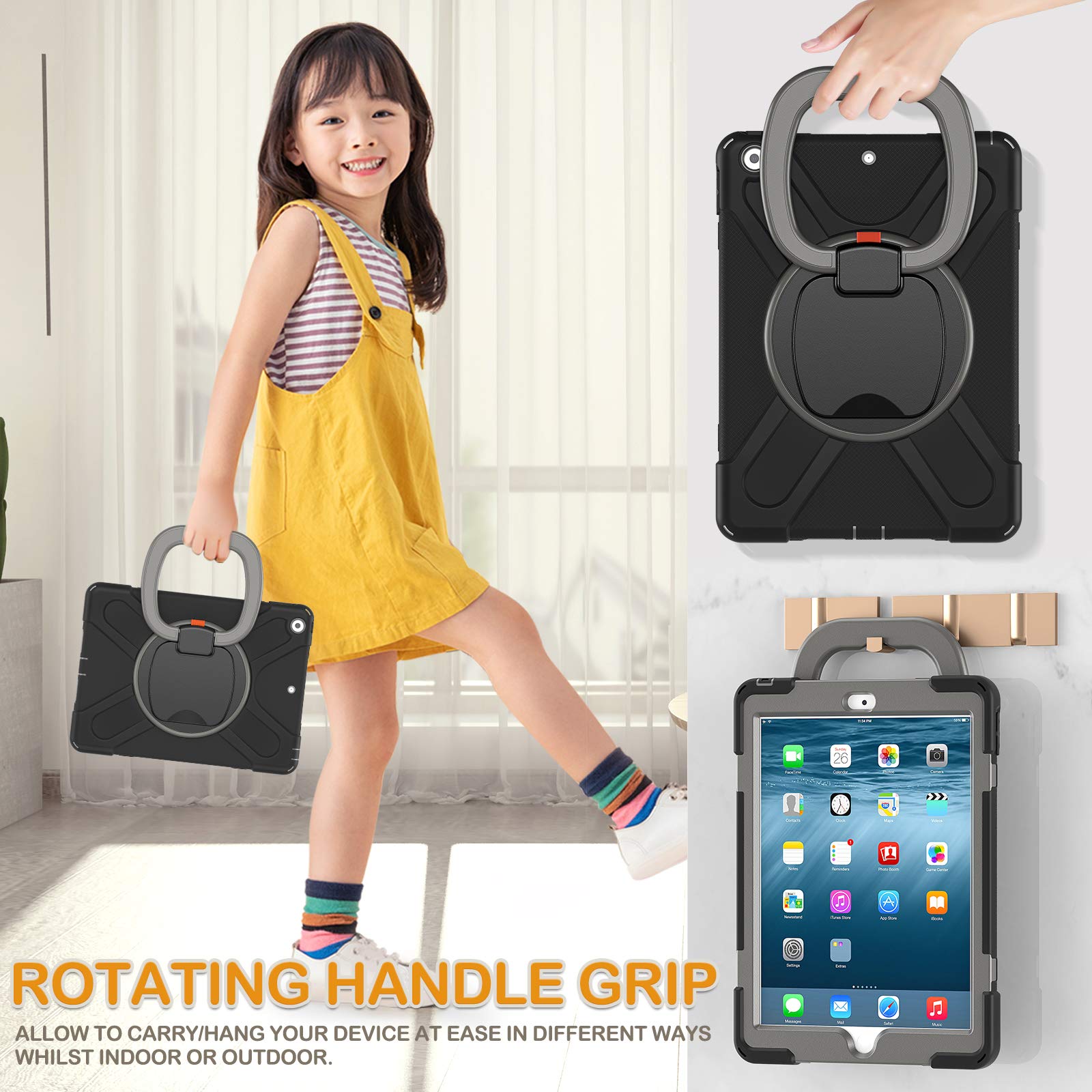 BRAECN Shockproof Kids Case for iPad 9th/8th/7th Generation 10.2 Inch - Protective Silicone Cover with Screen Protector, Handle Grip, Stand & Shoulder Strap | Includes Pencil Holder & Cap | Black & Grey | Perfect for School, Travel & Home Learning