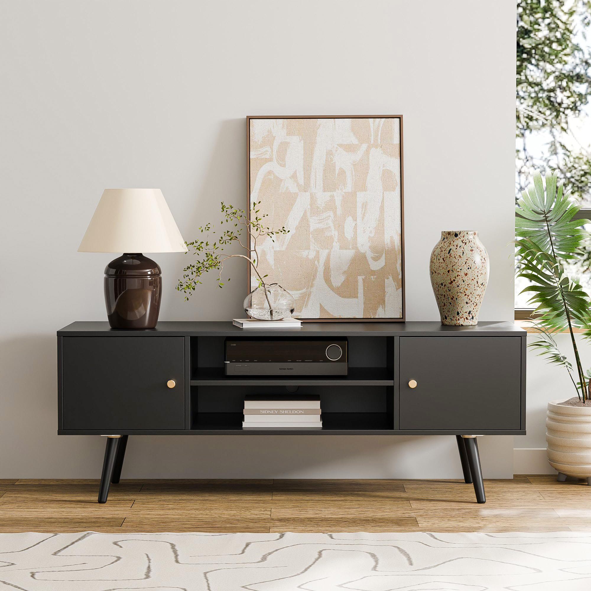 Mid Century Modern TV Stand for 55-60 Inch TVs - Cozy Castle Entertainment Center with Storage | Media Console Table for Living Room, Bedroom & Office | Perfect for Home Theater & Media Organization