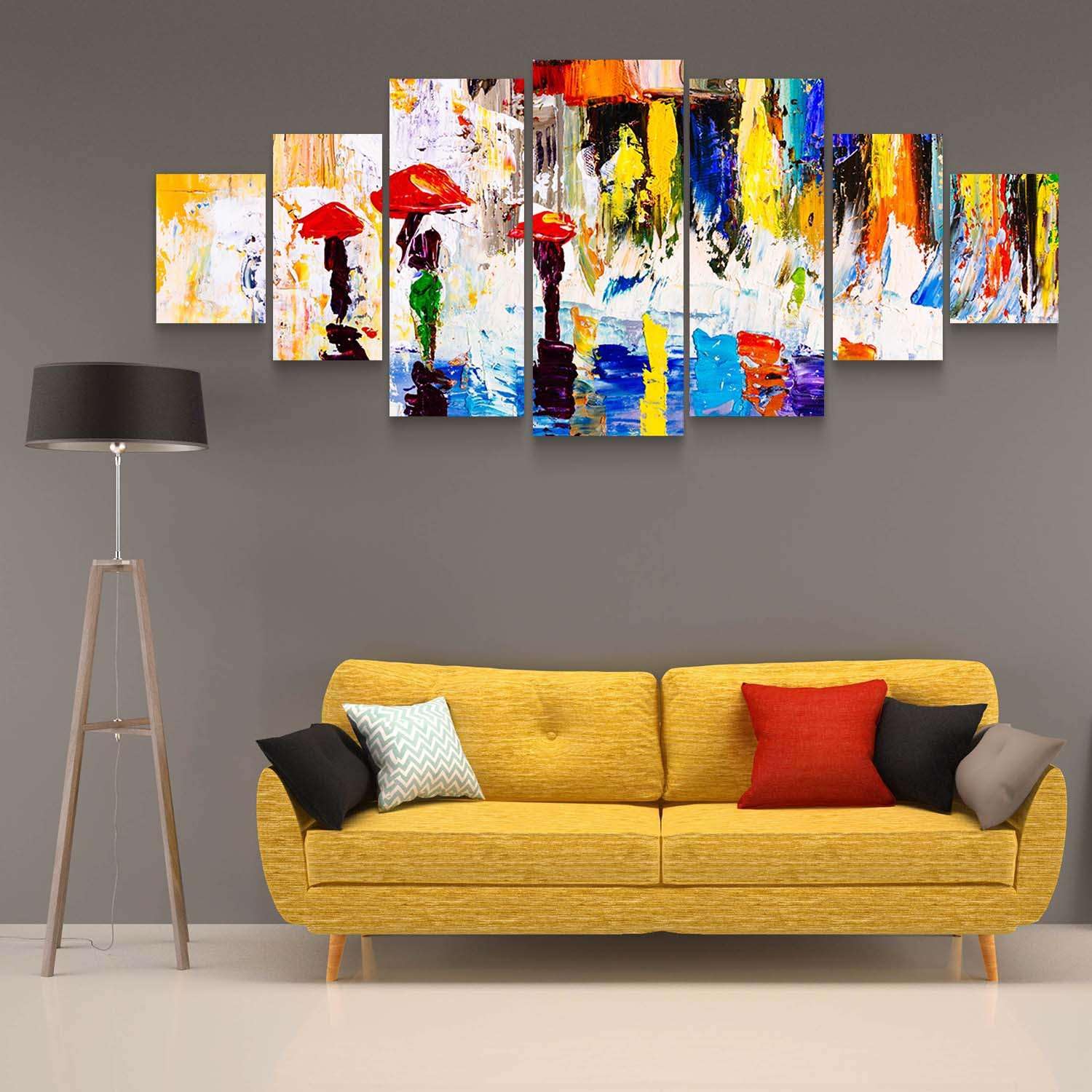 Startonight Large Abstract Canvas Wall Art - 'Through the Rain with Red Umbrella' Modern Framed Painting Set of 7 Panels (40x95 Inches) - Perfect for Living Room, Bedroom & Office Decor