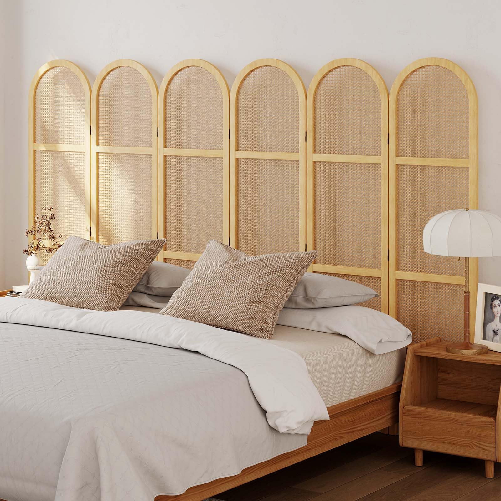 5.6 Ft Double Hinged Rattan Room Divider - Freestanding Folding Privacy Screen with 6 Panels for Bedroom, Office & Living Room (Natural) | Home & Office Partition Wall Decor