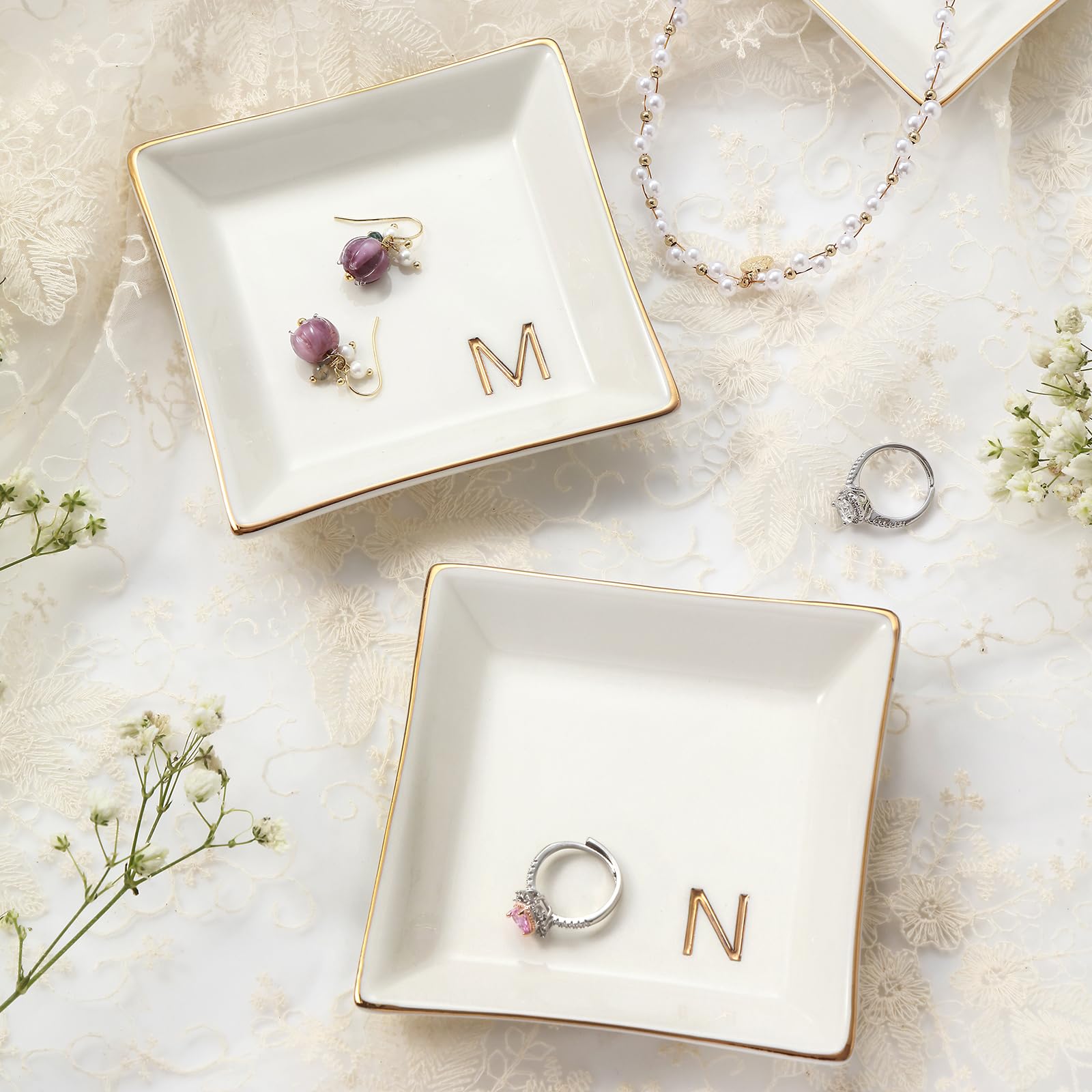 Personalized M-Monogrammed Ceramic White Ring Holder Jewelry Tray - Perfect Engagement, Wedding, Bridesmaid Gift for Bride, Mom, Sister & Friends - Ideal for Birthday, Christmas & Special Occasions - Stylish Jewelry Organizer for Vanity, Dresser & Bathroom Decor