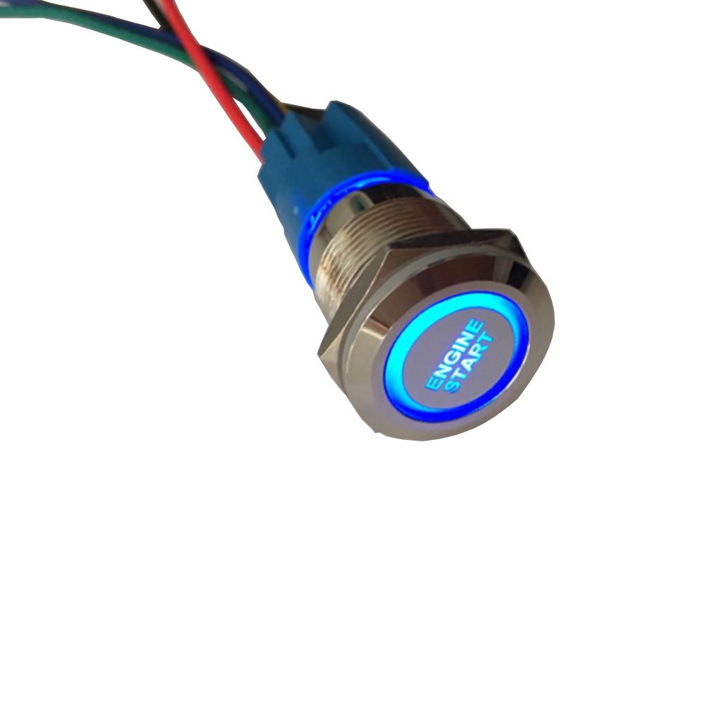 ESUPPORT 12V Blue LED Push Button Toggle Switch - 19mm Metal Car Headlight & Engine Start Switch for Automotive, Marine, and DIY Projects | Waterproof & Durable