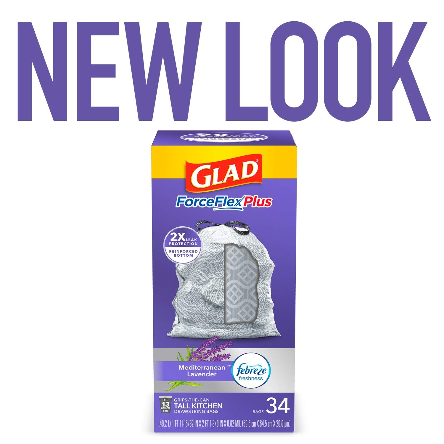 Glad ForceFlexPlus Tall 13 Gallon Drawstring Trash Bags with Febreze Freshness - Lavender Scented Heavy Duty Garbage Bags (34 Count) for Kitchen, Bathroom & Office Waste Disposal