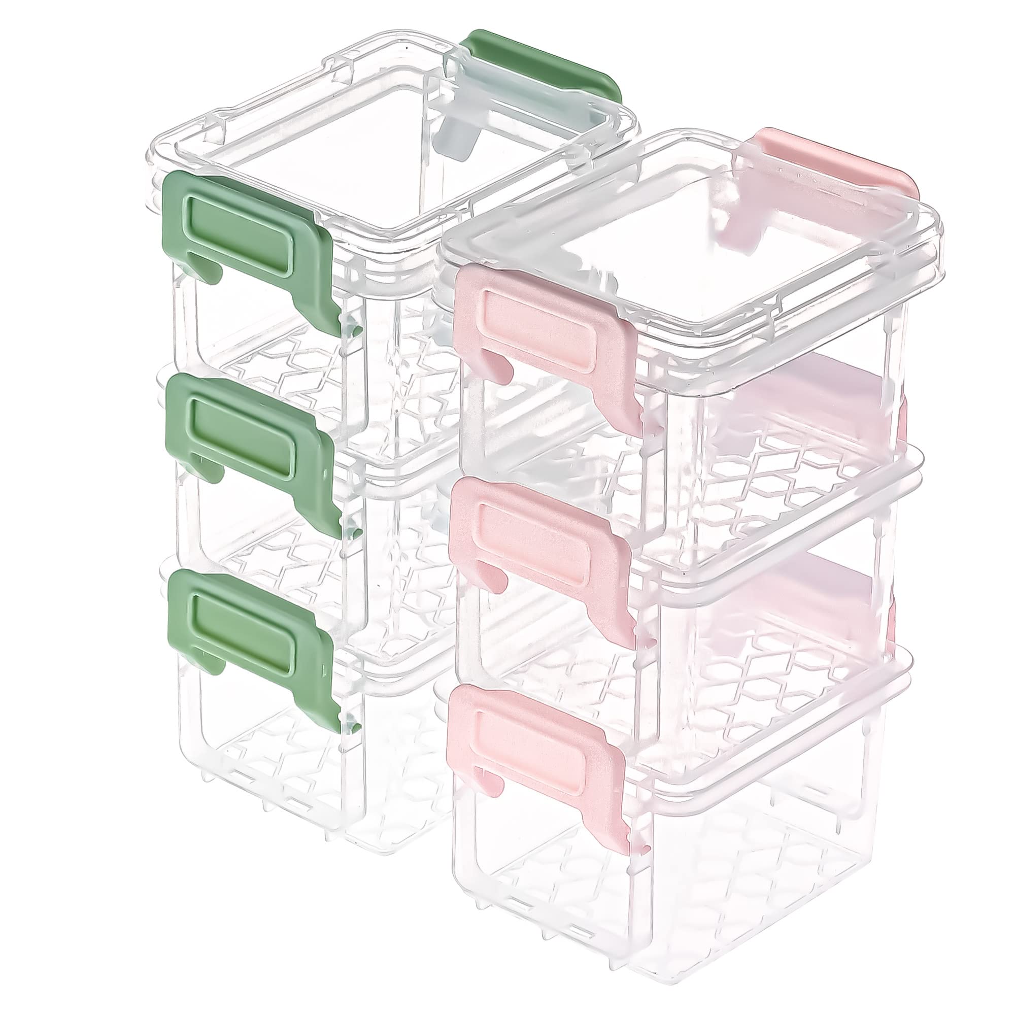 6 Pack Small Plastic Storage Bins with Lids - Colorful Stackable Bead Organizer Containers for Crafts, Jewelry & Small Items - Green & Pink - Perfect for Craft Rooms, Office & Home Organization