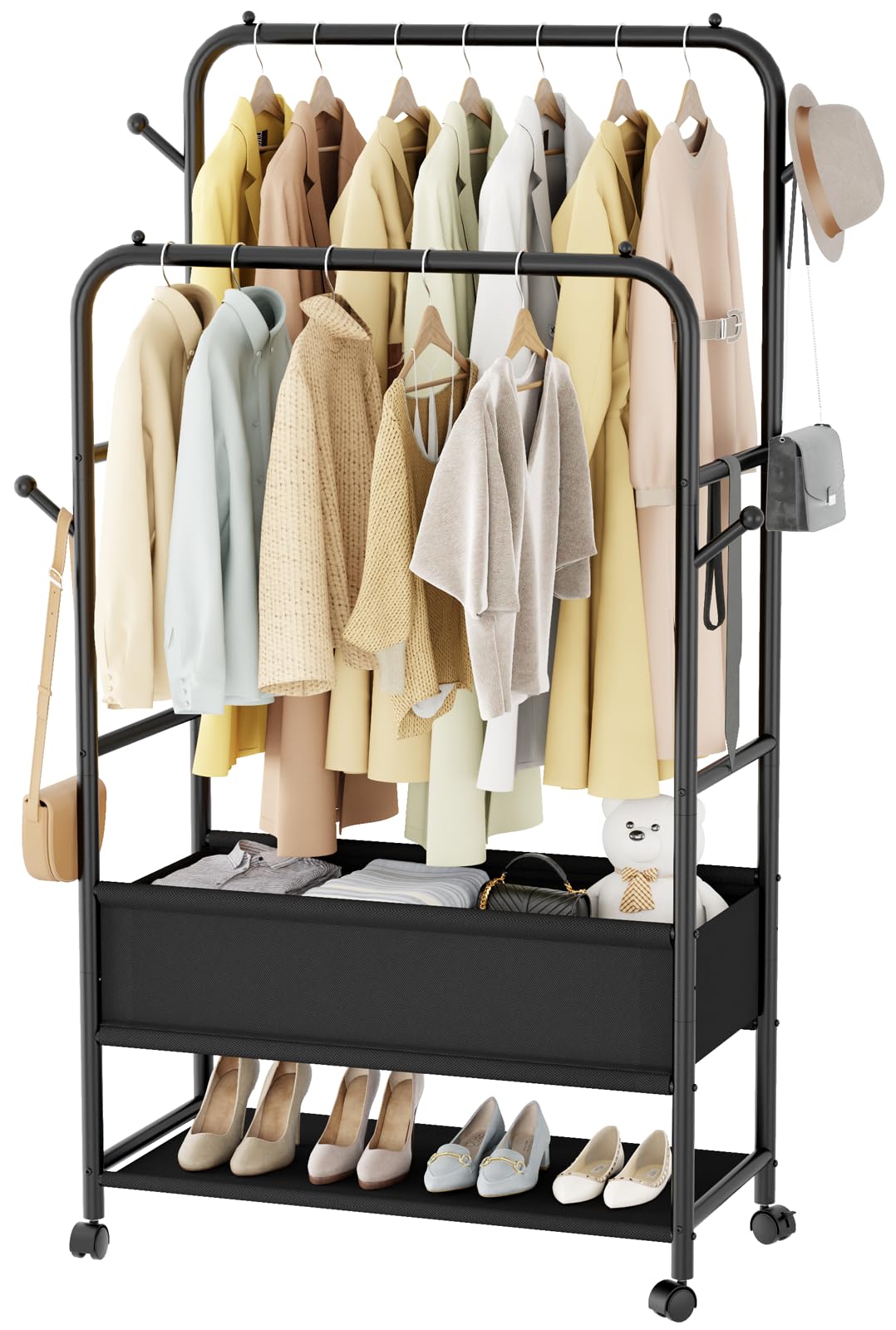 Furologee Double Rod Rolling Garment Rack with Wheels & Storage Box - Heavy Duty Clothes Hanging Organizer with 4 Hooks - Portable Wardrobe for Bedroom, Living Room, Closet (Black) | Perfect for Small Spaces, Dorm Rooms & Apartment Organization