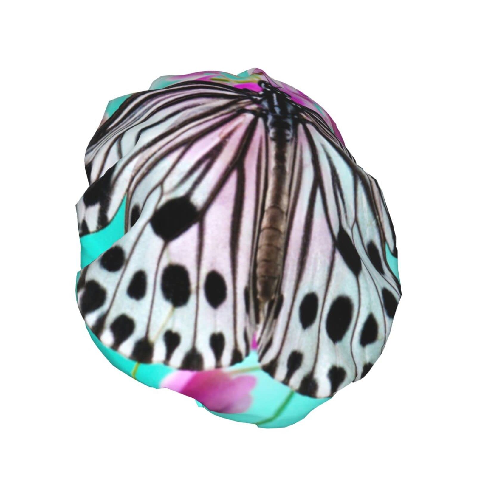 Waterproof Reusable Shower Cap for Women - Cute Butterfly Floral Design Bathing Hair Cap for Shower, Swimming & Spa (Pink)