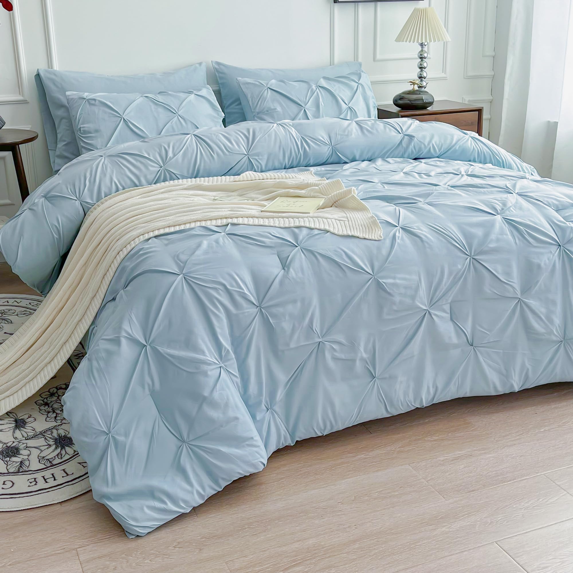 Maple & Stone 7-Piece King Size Comforter Set - Light Blue Pintuck Bedding with Comforter, Sheets, Pillowcases & Shams | Luxury Bed in a Bag for Master Bedroom & Guest Room Decor