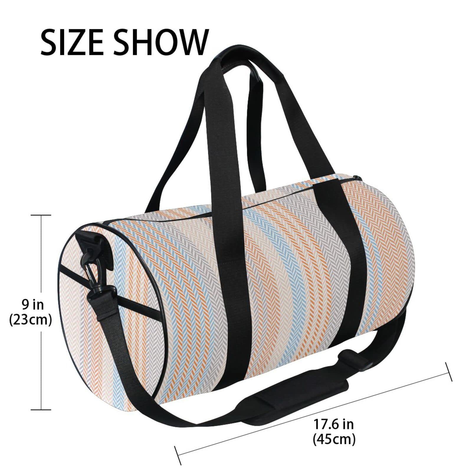 Acpiggto Gym Bag for Women & Men - Sporty Duffel Bag with Herringbone Pattern & Geometric Stripes - Orange & Blue Travel Luggage, Weekender Tote, Sling Shoulder Backpack for Gym, Work, School & Weekend Trips