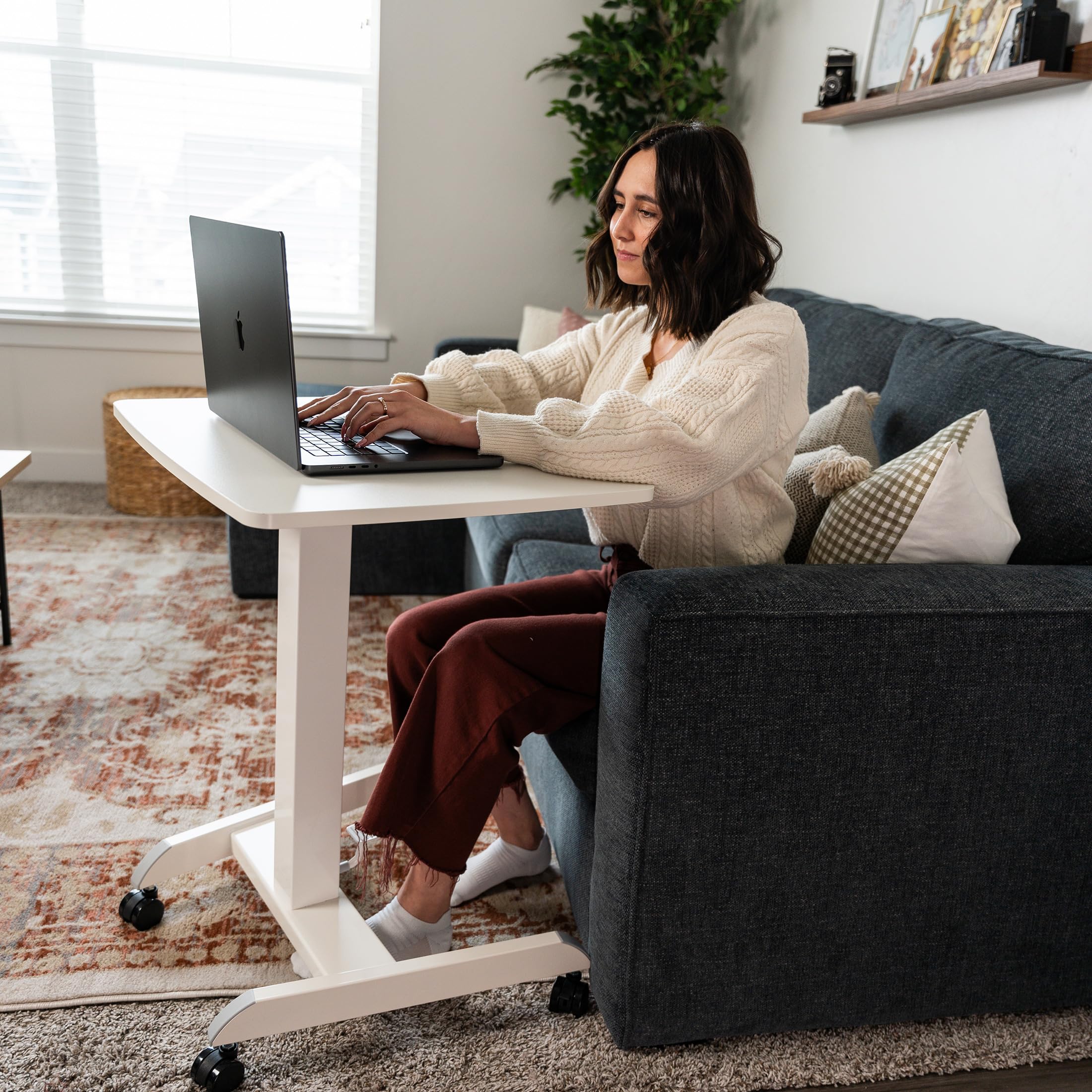 Mount-It! Adjustable Height Rolling Laptop Desk (29.6”-44.2”) - Mobile Workstation Cart with 23.6” x 20.5” Desktop, Ergonomic Sit-Stand Computer Table for Home Office, Classroom & Small Spaces - Perfect for Remote Work, Online Learning & Compact Workspaces (White)
