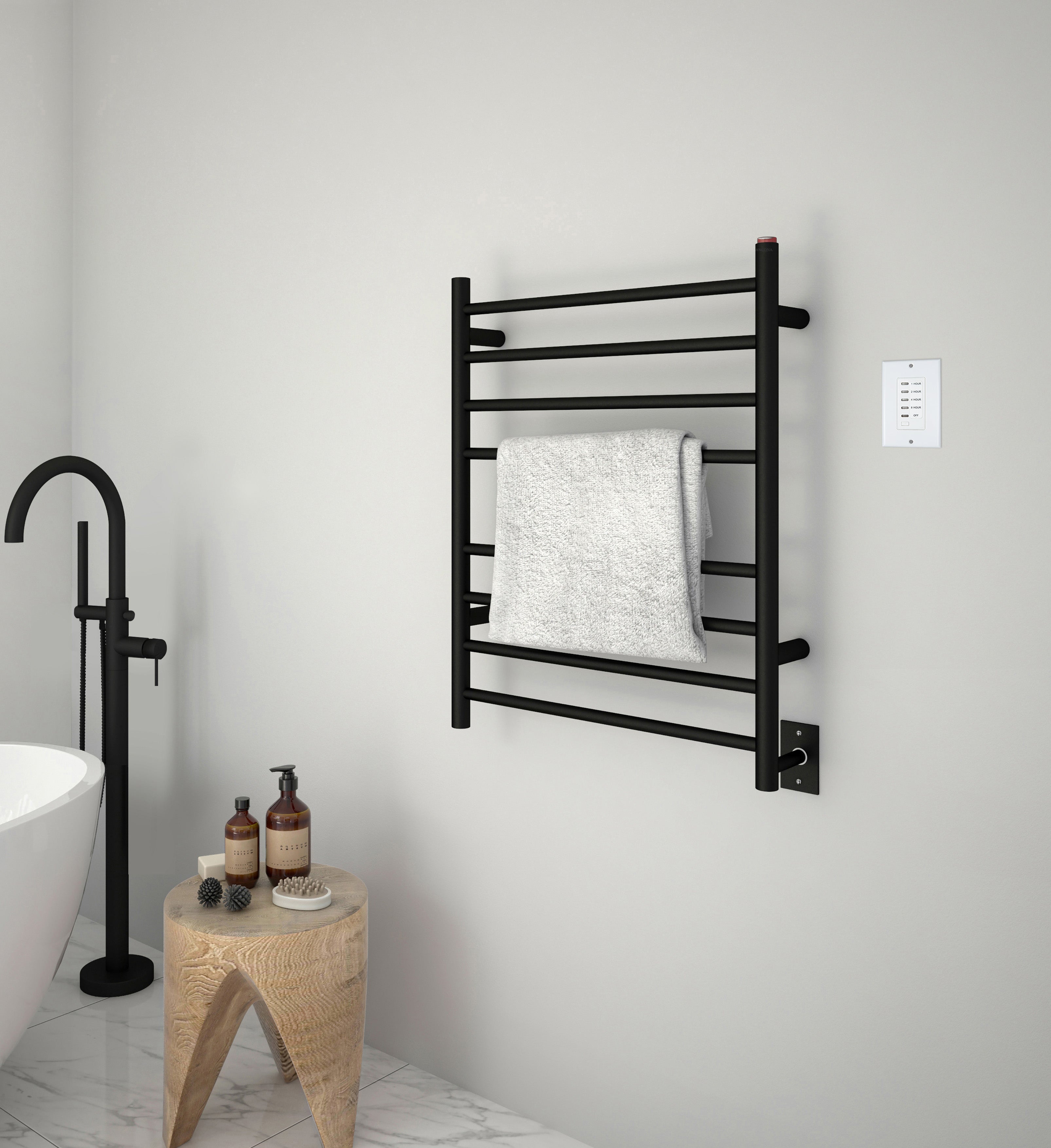 Premium Dual 8 Bar Hardwired & Plug-in Towel Warmer - Matte Black Finish with Wall-Mounted Countdown Timer | Bathroom Luxury, Spa Experience, Hotel-Style Warm Towels