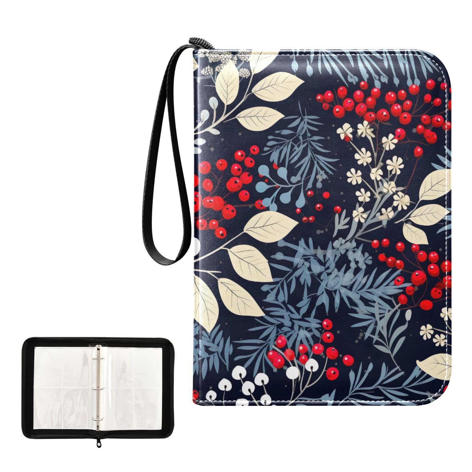 Christmas Hollyhock Leaves 4-Pocket Trading Card Binder with 50 Sleeves - Holds 400 Cards, 3-Ring Collector Album for Football, Baseball & Trading Cards - Perfect for Collectors, Gamers & Gift-Giving