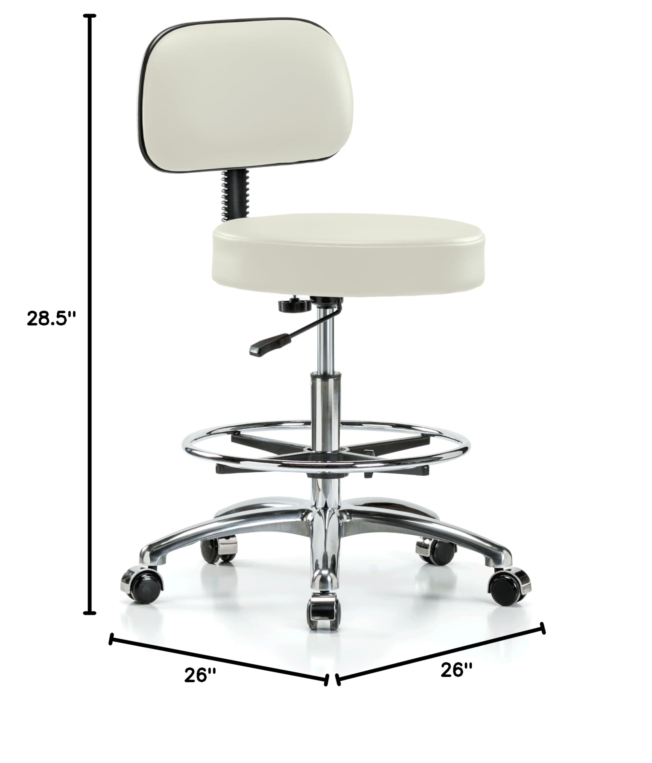PERCH Chrome Walter Rolling Height Adjustable Exam Stool with Backrest & Foot Ring - 300 lb Capacity for Medical Offices, Labs & Workbenches | Off-White Vinyl Upholstery | Carpet & Linoleum Floor Compatible