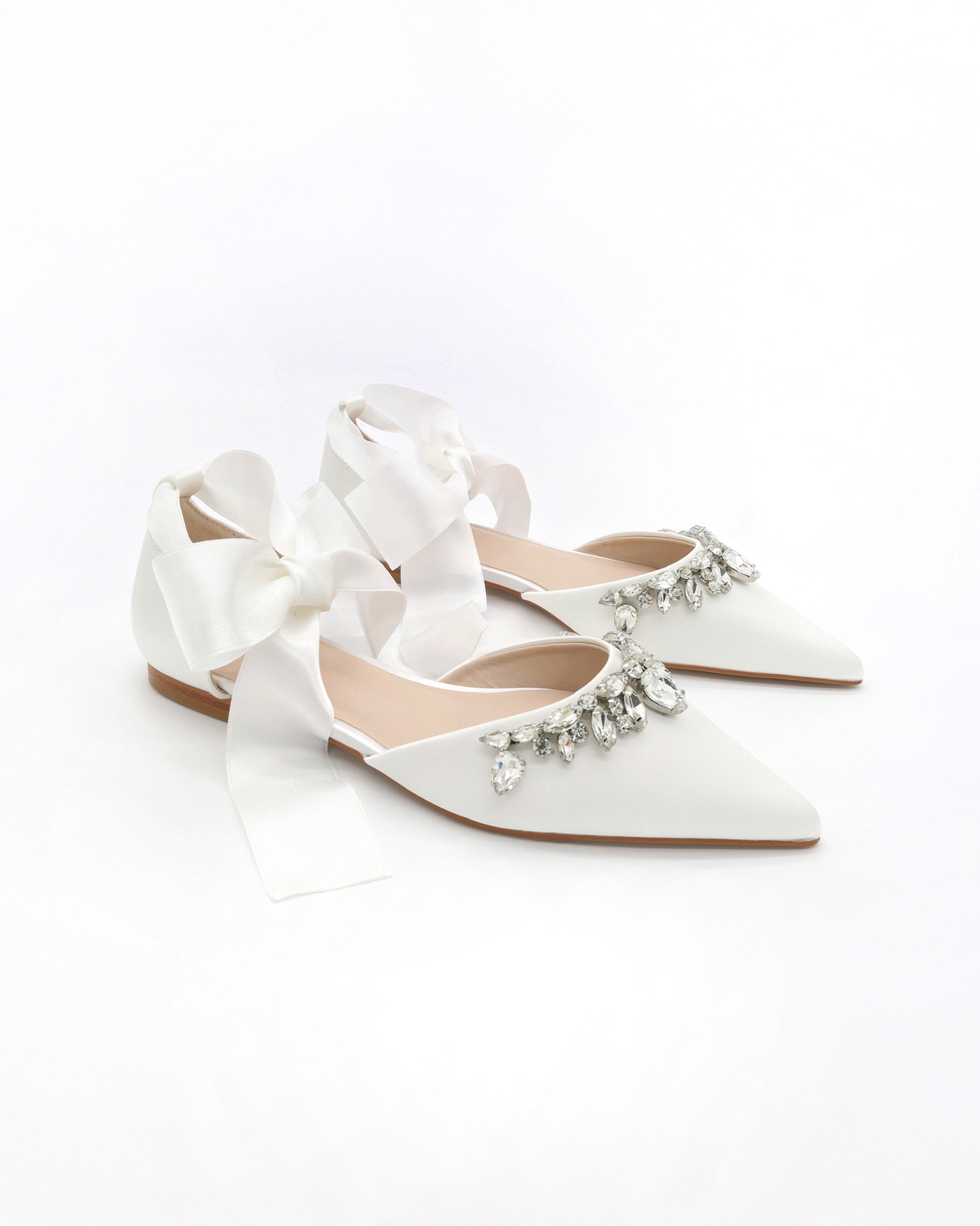 Elegant Satin Pointy Toe Flats with Teardrop Rhinestone Embellishments - Women's Dress Shoes for Parties, Weddings & Formal Occasions