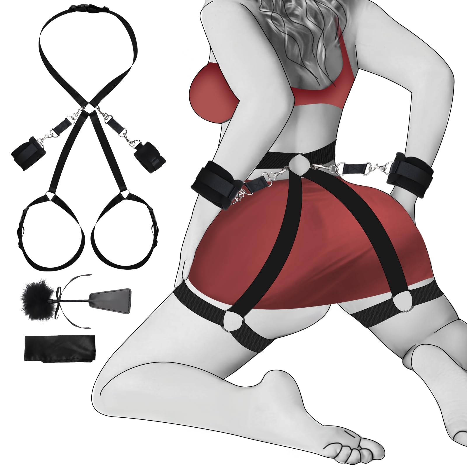 BDSM Bondage Kit for Couples - Adjustable Waist to Thigh Restraint Set with Handcuffs, Blindfold & Tickler - Adult SM Toys for Men & Women - Perfect for Bedroom Play, Roleplay & Spicing Up Relationships