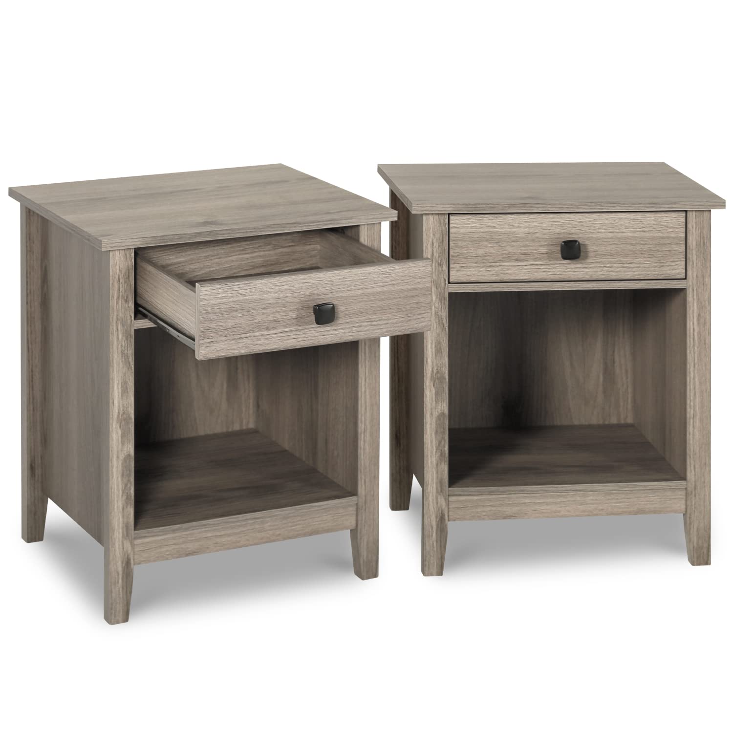 LTMEUTY Set of 2 Wooden Nightstands with Drawer & Open Cabinet - Tall Bedside Tables for Bedroom, Gray Wood Grain - Perfect for Small Spaces, Apartment Living & Modern Bedroom Decor