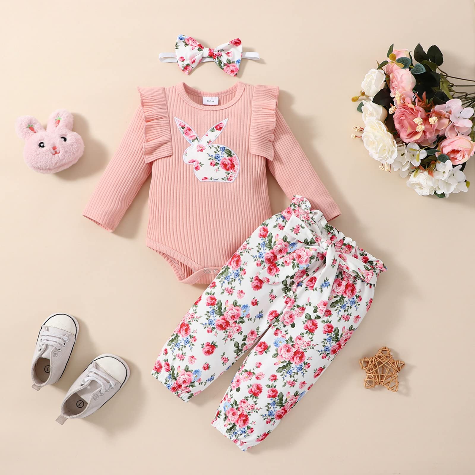 Easter Outfit for Baby Girls 0-18 Months - Bunny Romper with Ruffled Pants Set | Newborn & Infant Easter Clothes for Photo Shoots & Holiday Celebrations