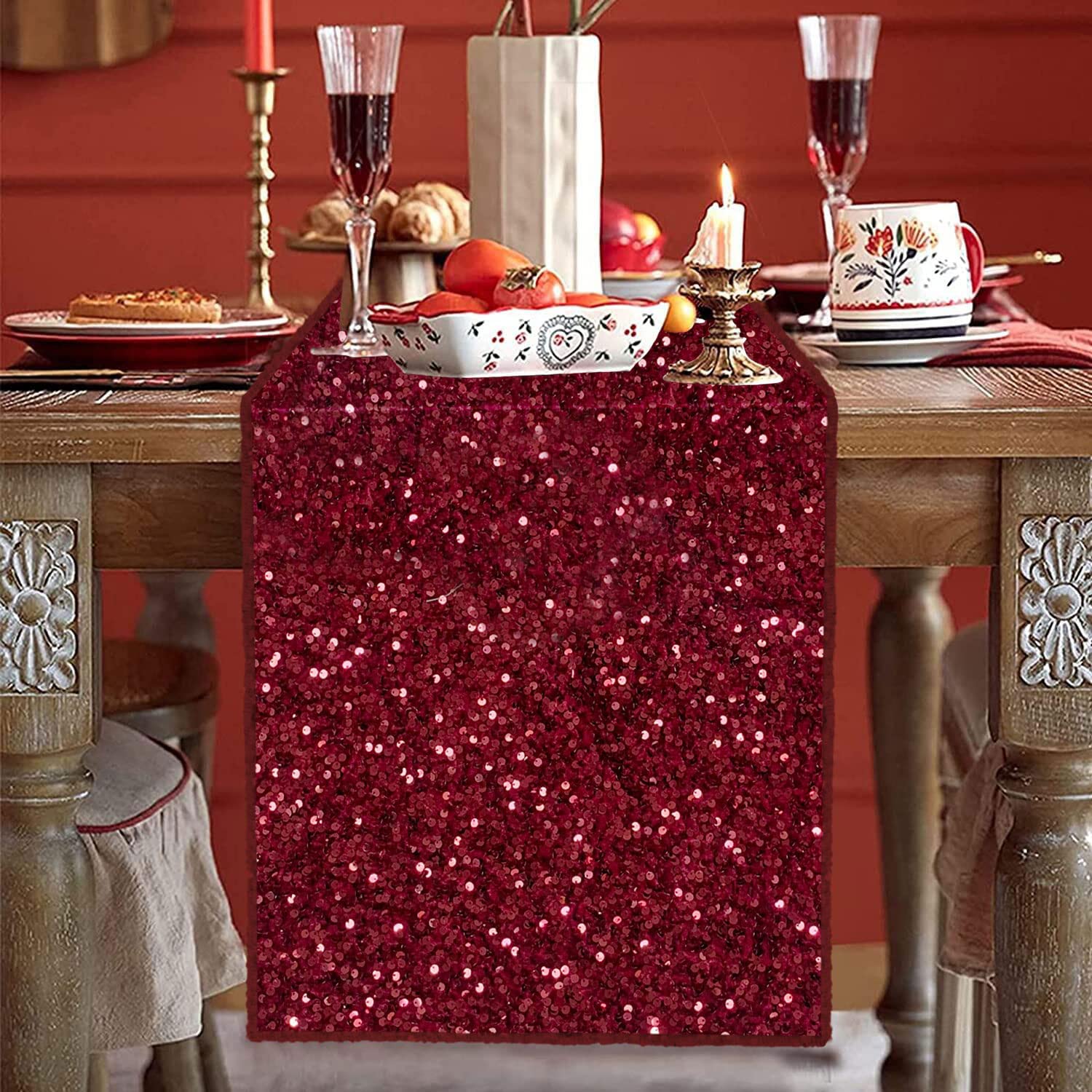 Burgundy Sequin Table Runner 12x72 Inches - Thick Velvet Fabric Wedding Tablecloth Overlay for Reception, Christmas Party, Bridal Shower - Elegant Maroon Table Decor for Dining Room, Holiday Celebrations & Special Events