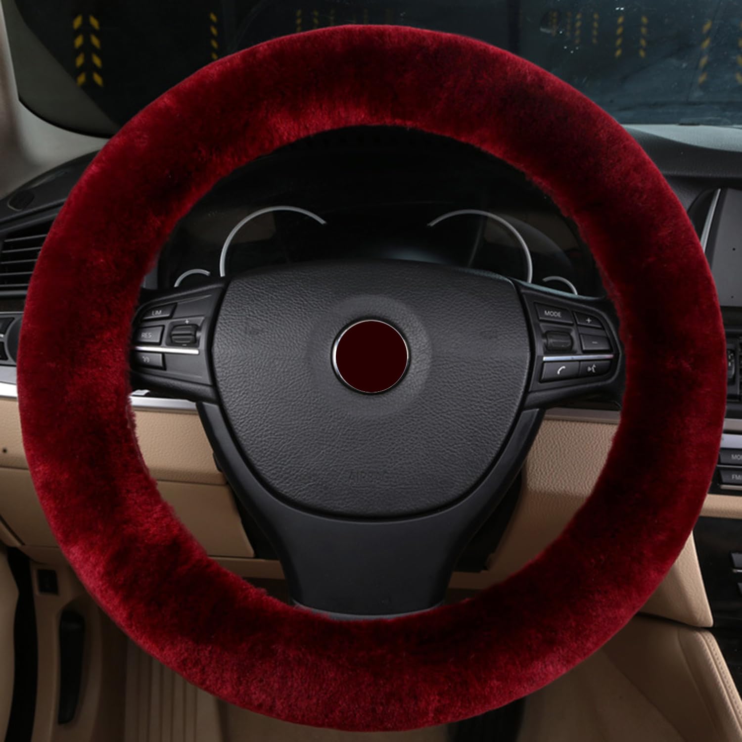 Premium Fluffy Wool Car Steering Wheel Cover - Genuine Sheepskin, Anti-Slip Universal Fit for 15 Inch Wheels (Wine Red) - Luxury Interior Accessories for Women - Perfect for Winter Driving & Comfort Enhancement
