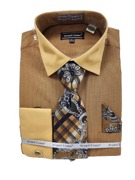 AVANTI UOMO JQD Pattern Dress Shirt with Tone-on-Tone Collar & Cuff - Mustard Color DN130M | Formal & Business Attire for Men