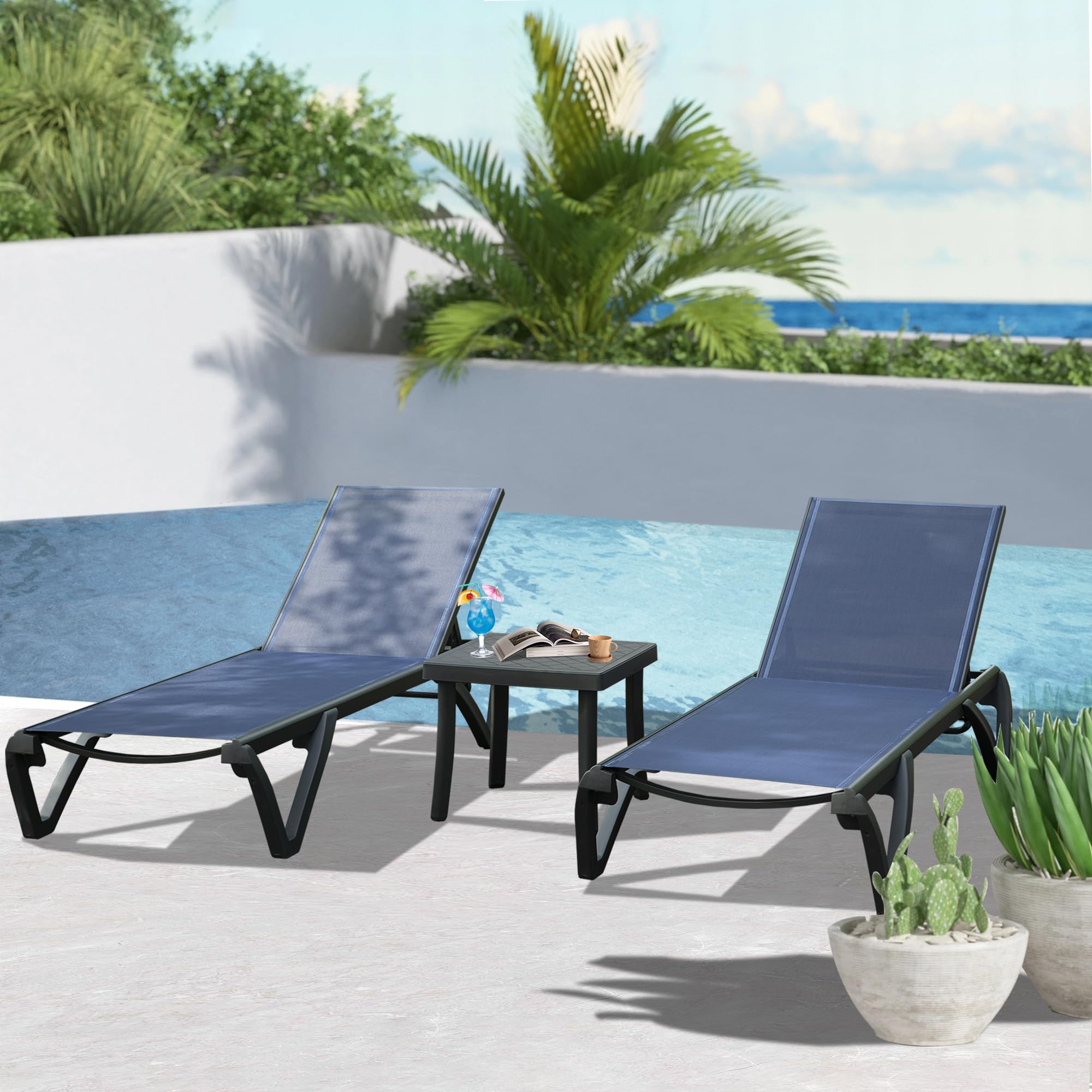 **Domi Pool Lounge Chairs - Adjustable Aluminum Patio Chaise Lounge with Wheels & Side Table - 5-Position Reclining Outdoor Chair for Beach, Yard, Balcony, Poolside - Navy Blue - Perfect for Relaxing by the Pool or Sunbathing**