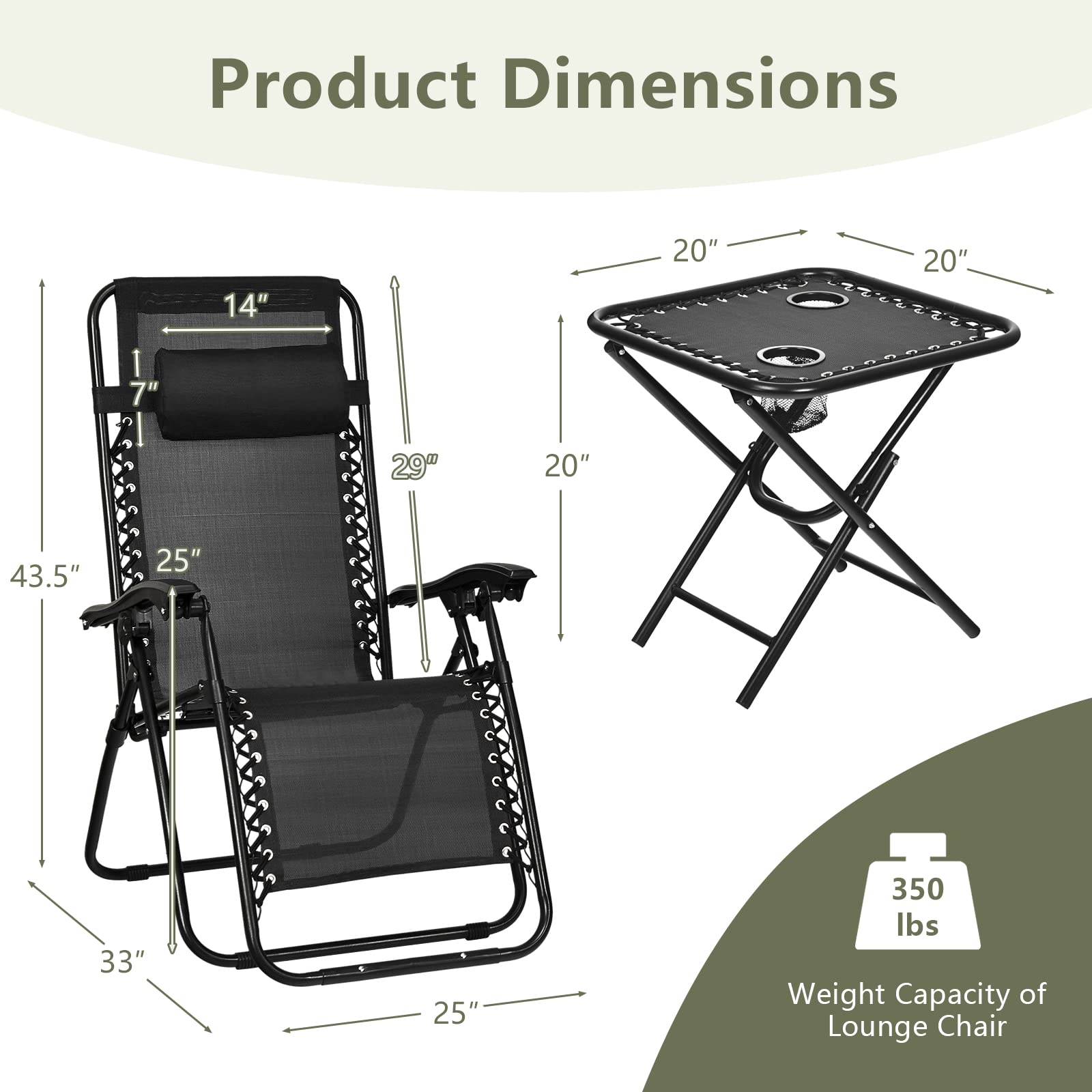 **HAPPYGRILL Zero Gravity Lounge Chairs Set with Coffee Table - 3-Piece Adjustable Folding Reclining Chairs with Side Table & Pillow for Outdoor, Patio, Garden, Camping & Travel - Perfect for Relaxing, Sunbathing & Backyard Lounging**