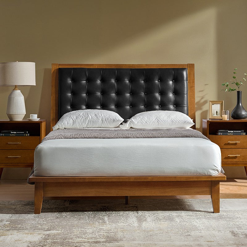Genuine Leather & Solid Wood Platform Bed with USB Charging Ports - Modern King/Queen Size Bed Frame for Bedroom, Guest Room, or Dorm